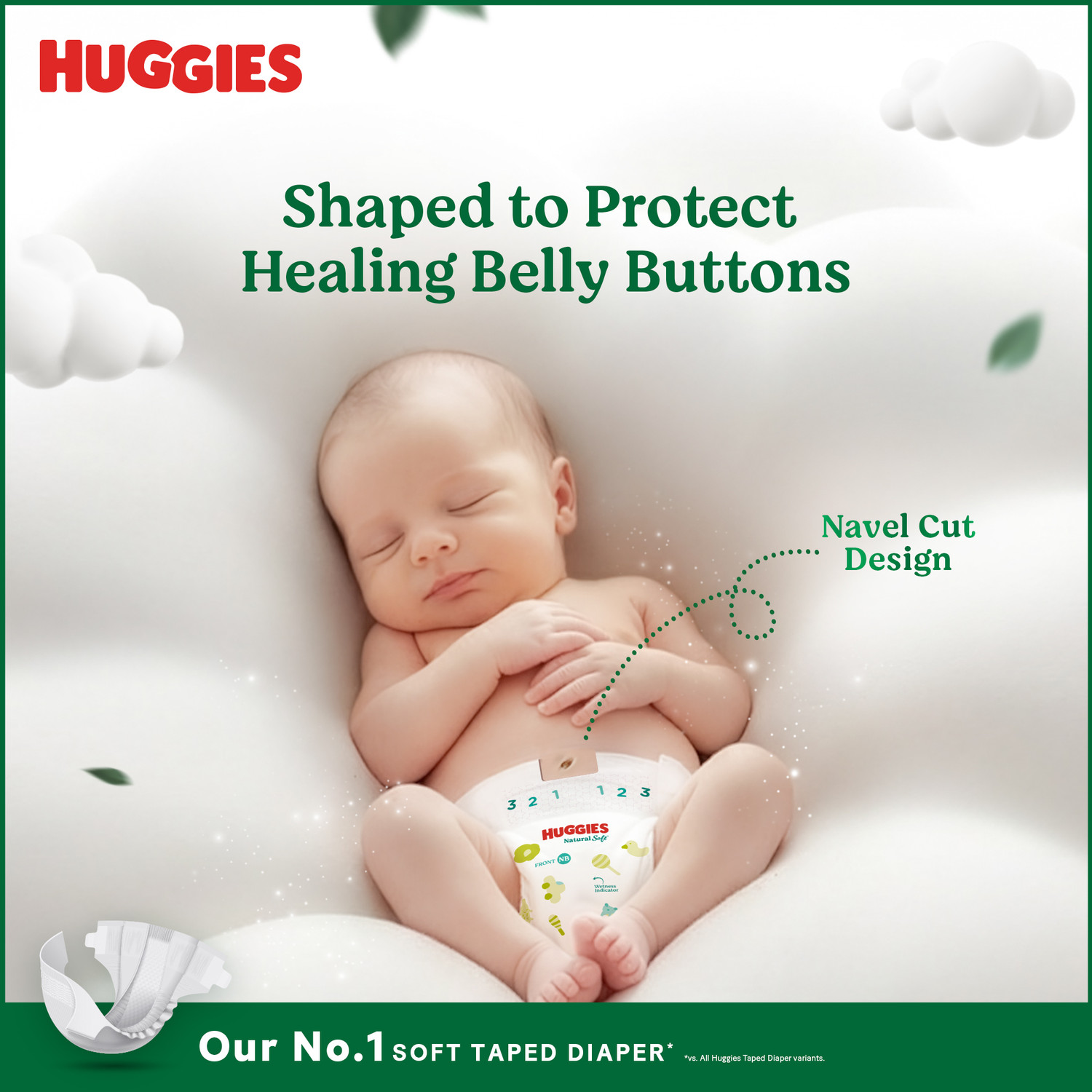 Image of Huggies Natural Soft Premium Tape Diapers Newborn- Upto 5 kgs, NB (32X2) ,64 pcs Tape Diapers - New Born