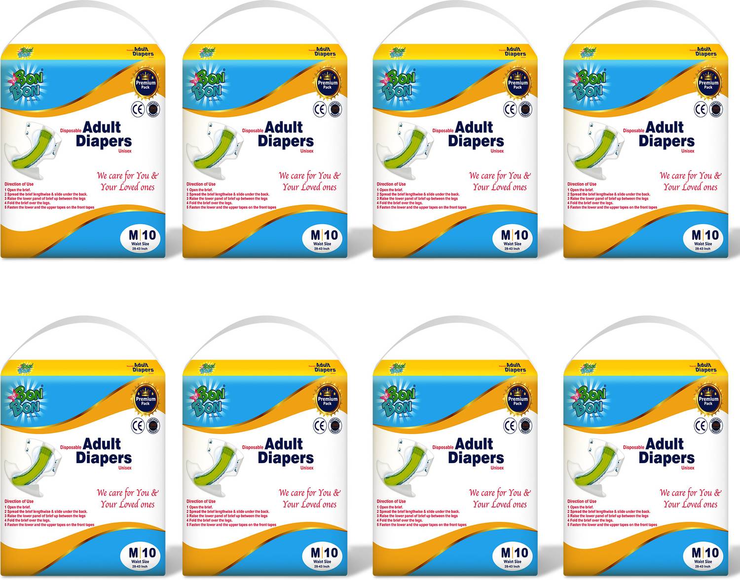 Bon Bon Premium Medium Adult Tape Diapers M Pack OF 8 - 80 Count (M-28-43 INCH) Adult Diapers - M