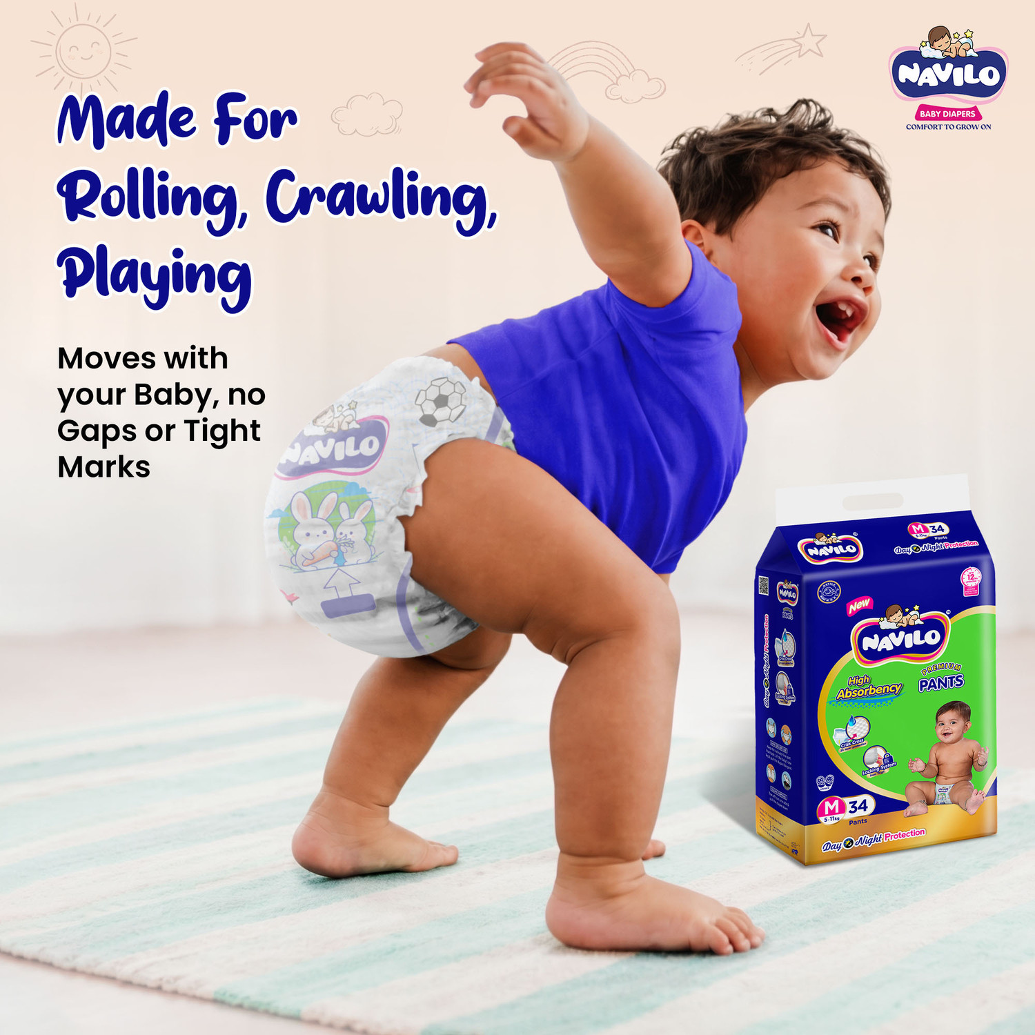 Image of navilo Premium Baby Diaper Pants, 3X Leak Protection, Criss Cross Layer, 5-11kg Pant Diapers - M