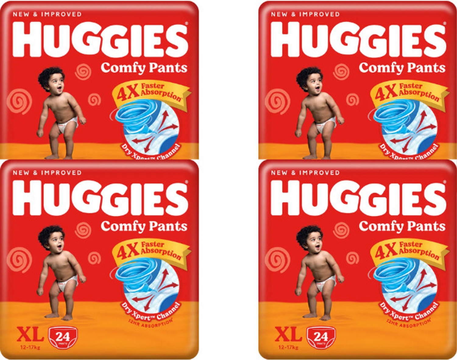 Huggies Comfy Baby Diaper Pants,Faster Absorption Extra Large Size (Pack of 4) Pant Diapers - XL