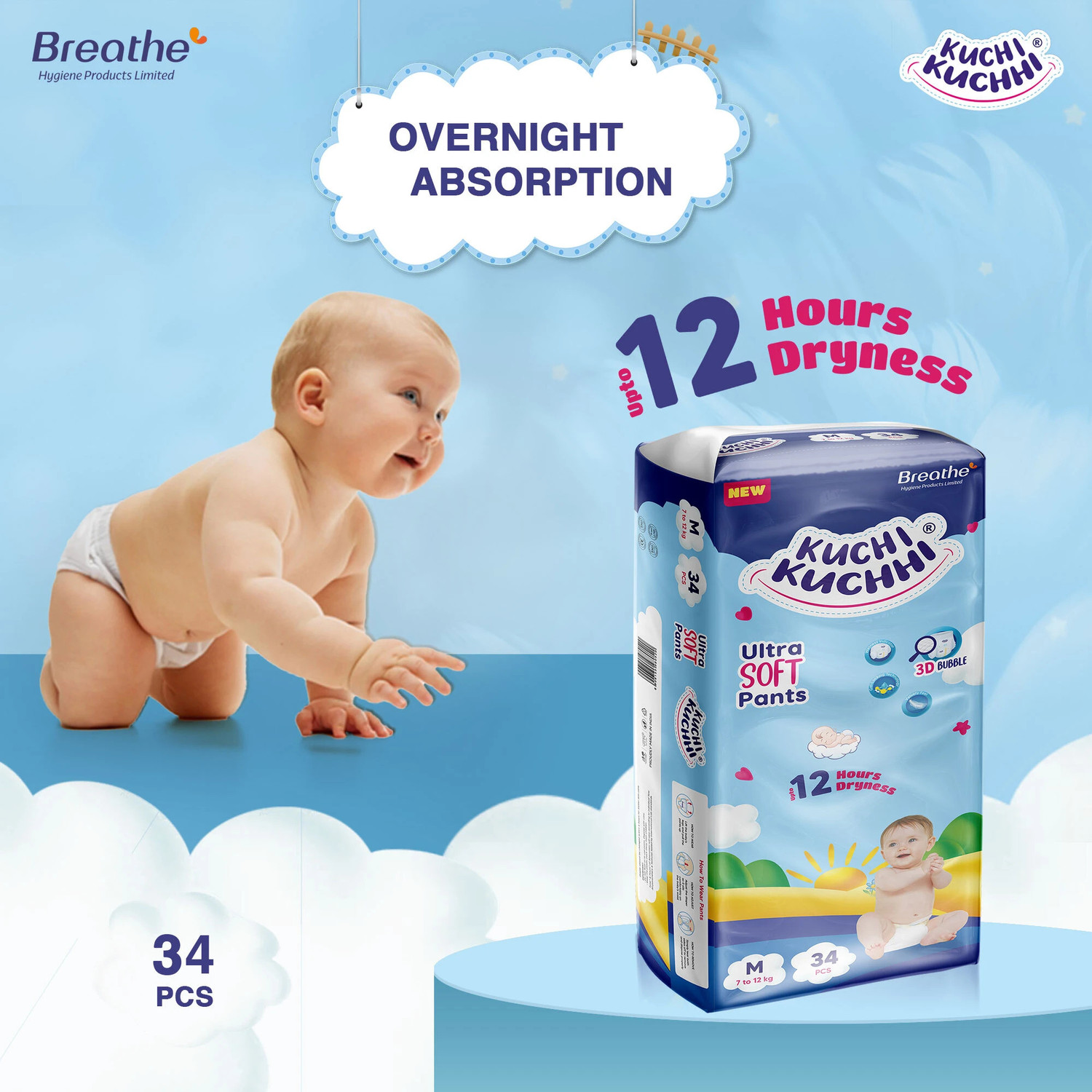 Image of KUCHI KUCHHI Premium super soft baby diaper with a 3D bubble top (Pack of 2) - M