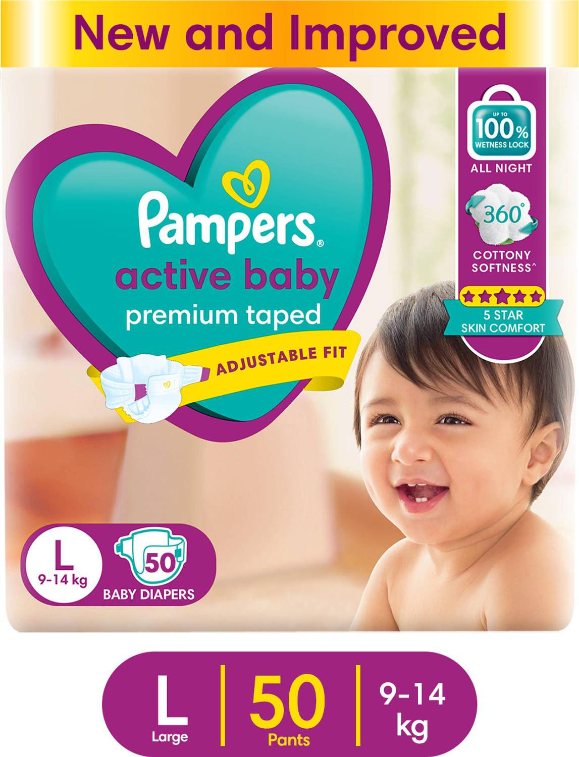 Pampers Active Baby Taped Diapers with Adjustable Fit - L (50 Pie