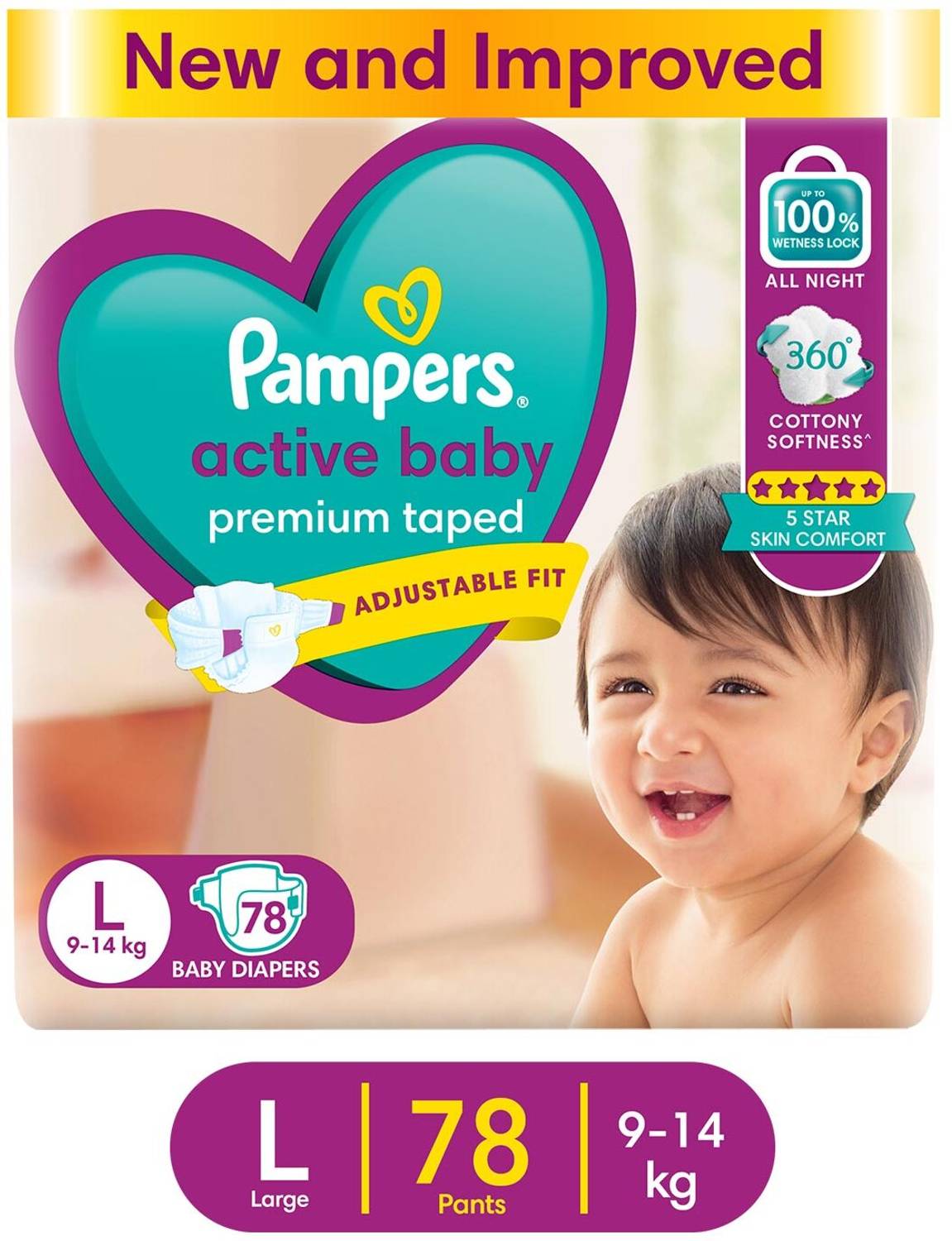 Pampers Active Baby Taped Diapers with Adjustable Fit - L (78 Pie