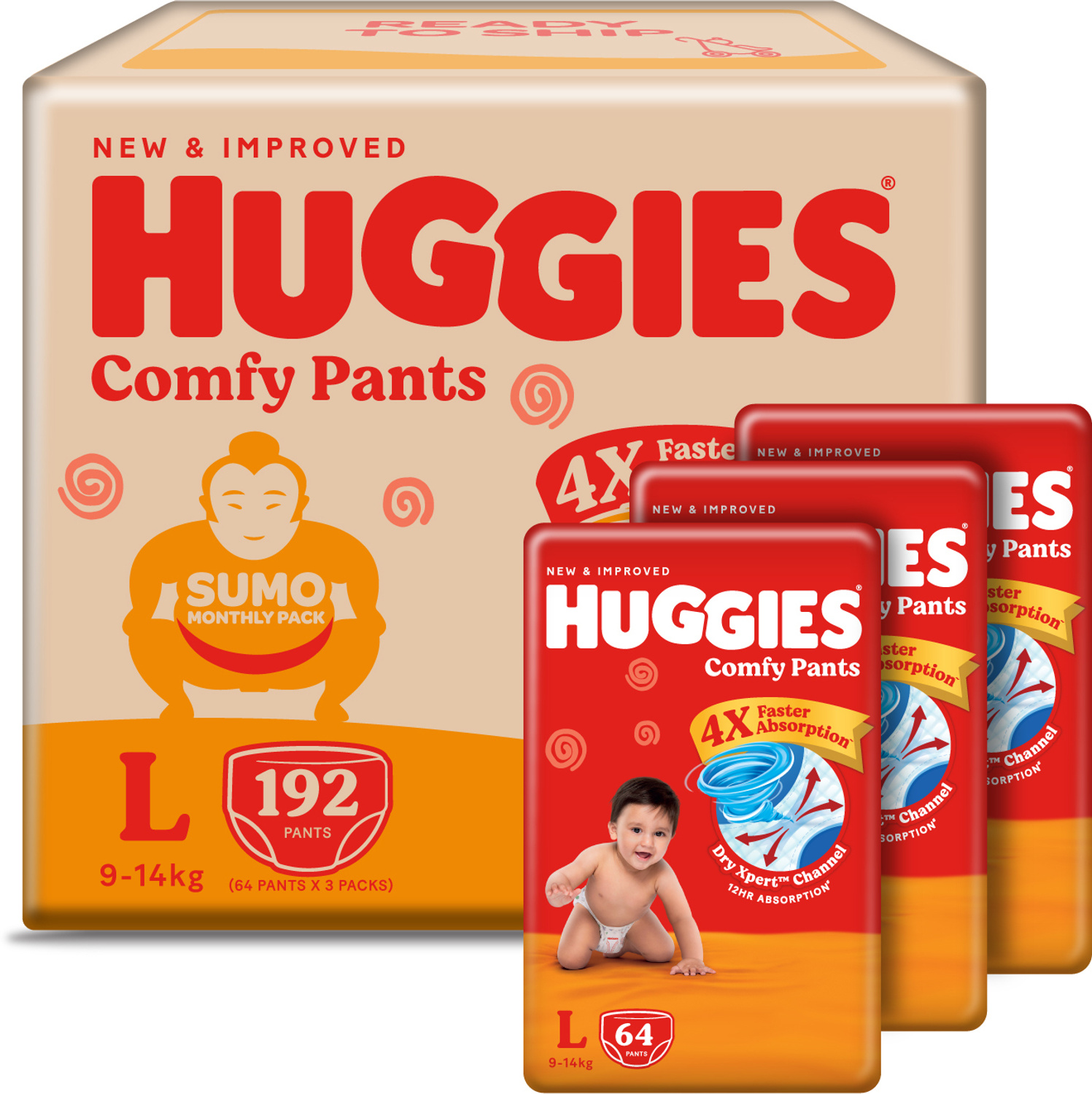 Huggies Comfy Baby Diaper Pants, Upto 50% Faster Absorption (64 X 3) - L (192 Count)