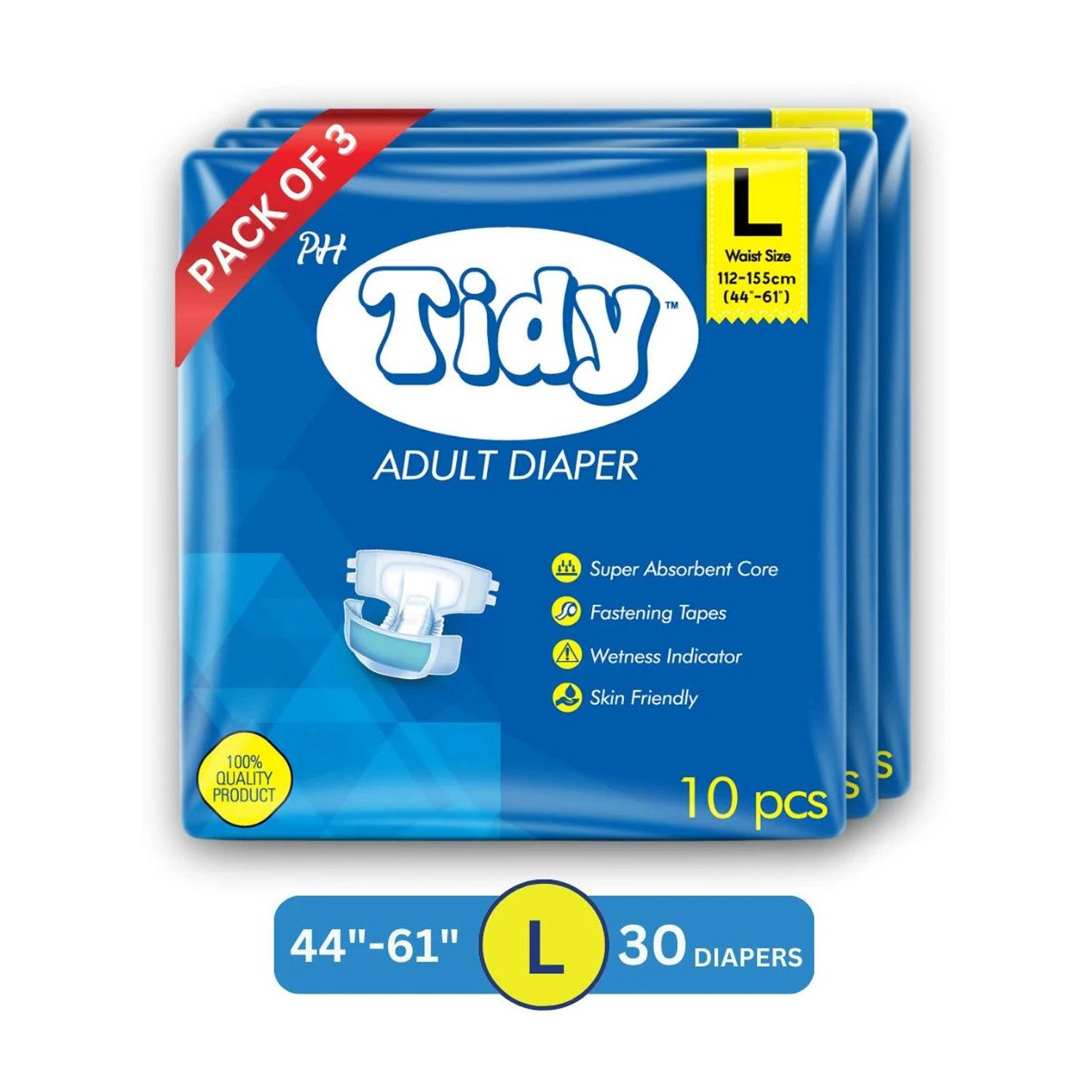 Image of PH TIDY Tape Style Super Absorbent | Unisex | Waist Size (44-61 Inches) Adult Diapers - L