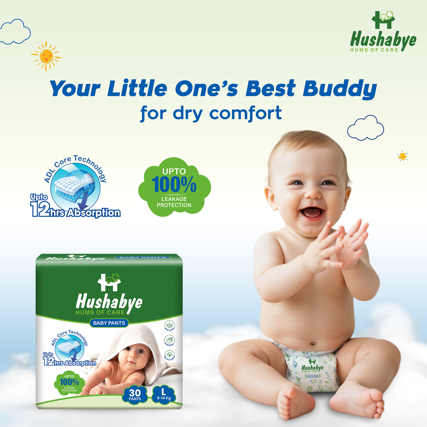 Image of Hushabye Baby Diaper Pants with Aloe Lotion, Anti-Rash | Extra Large(12-17kg), Pack Of 3 Pant Diapers - XL