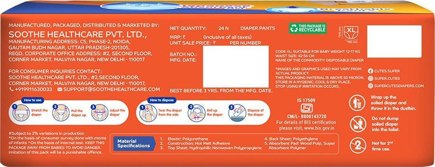 Image of Super Cute's Premium Baby Diapers, Soft and Rash Free Diapers, Overnight Leakage Protection - XL