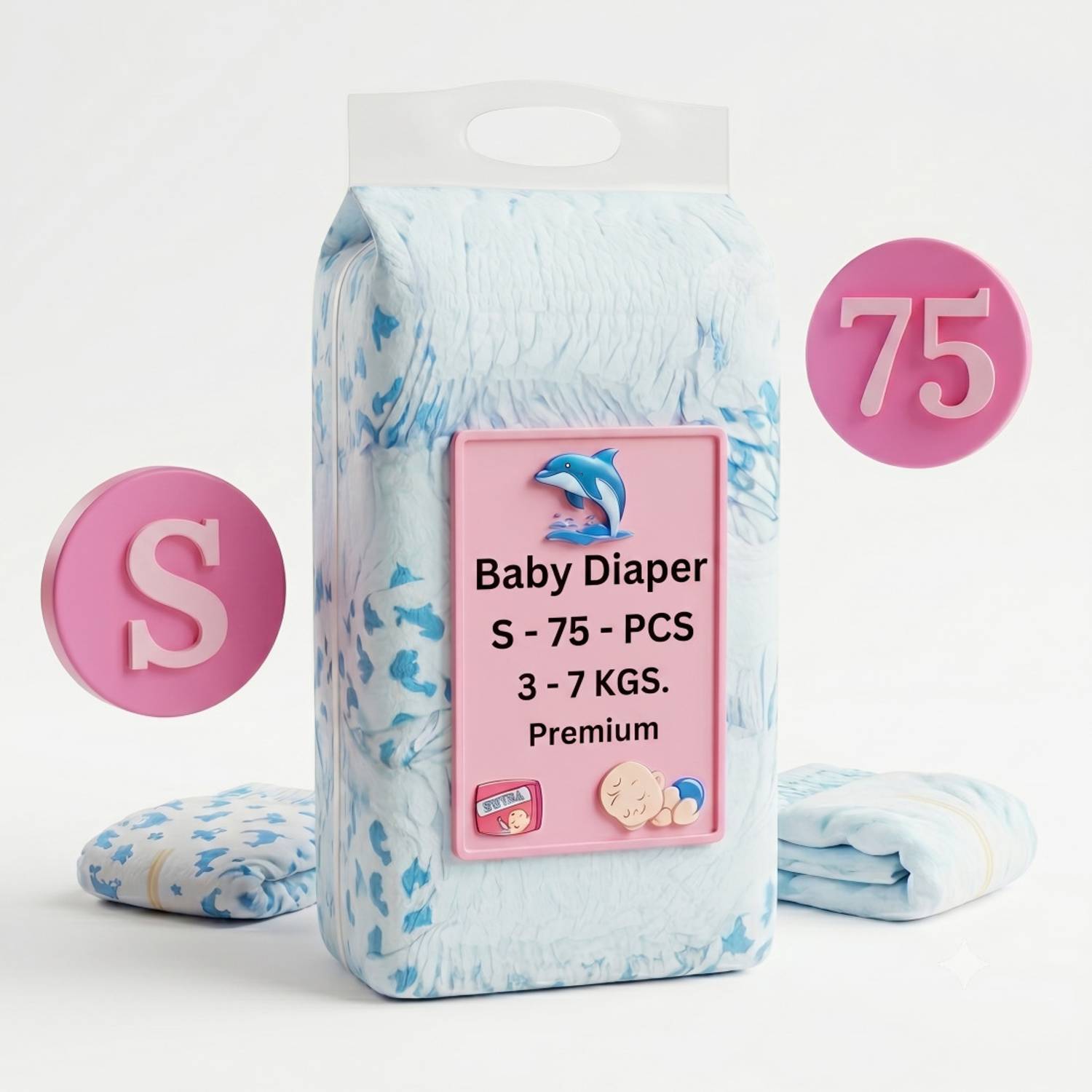 7 Soft Baby Diapers Dholphine Print Pull-Up Pants Ultra-Soft, Breathable & Rash-Free Pant Diapers - S
