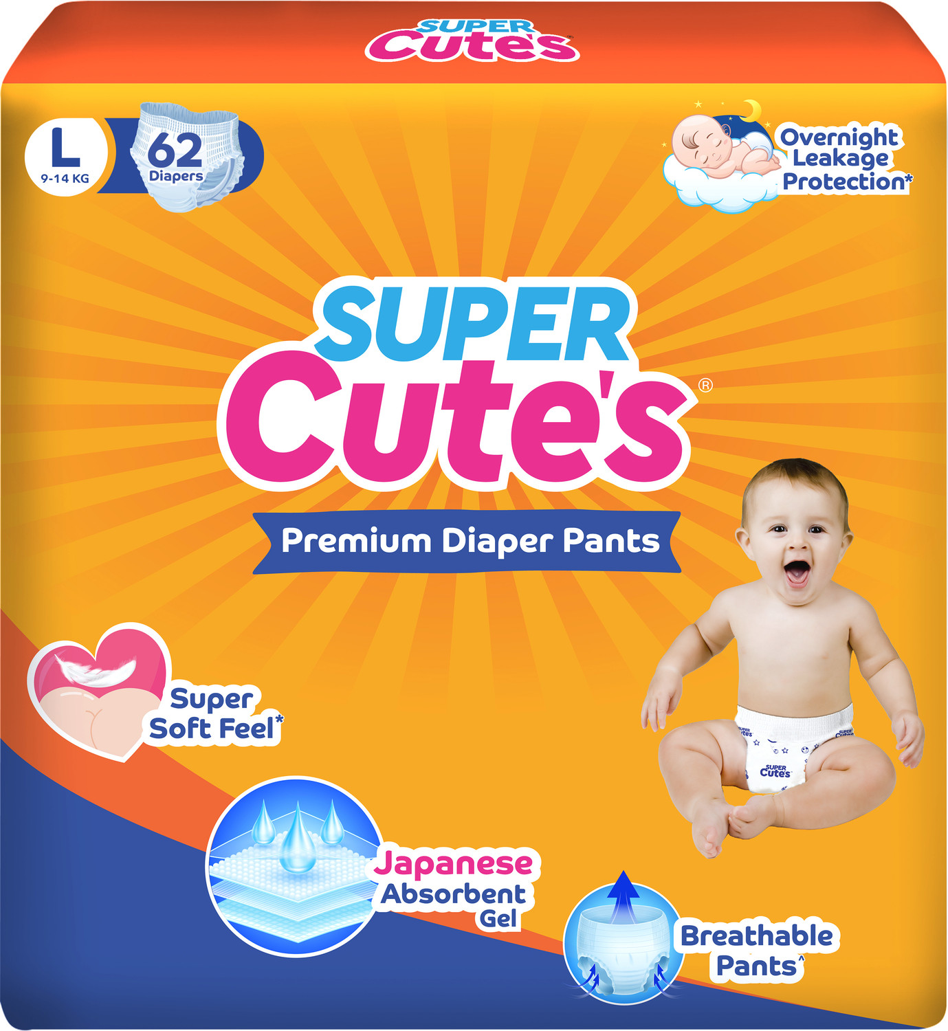 Image of Super Cute's Premium Baby Diapers, Soft and Rash Free, Overnight Leakage Protection - L
