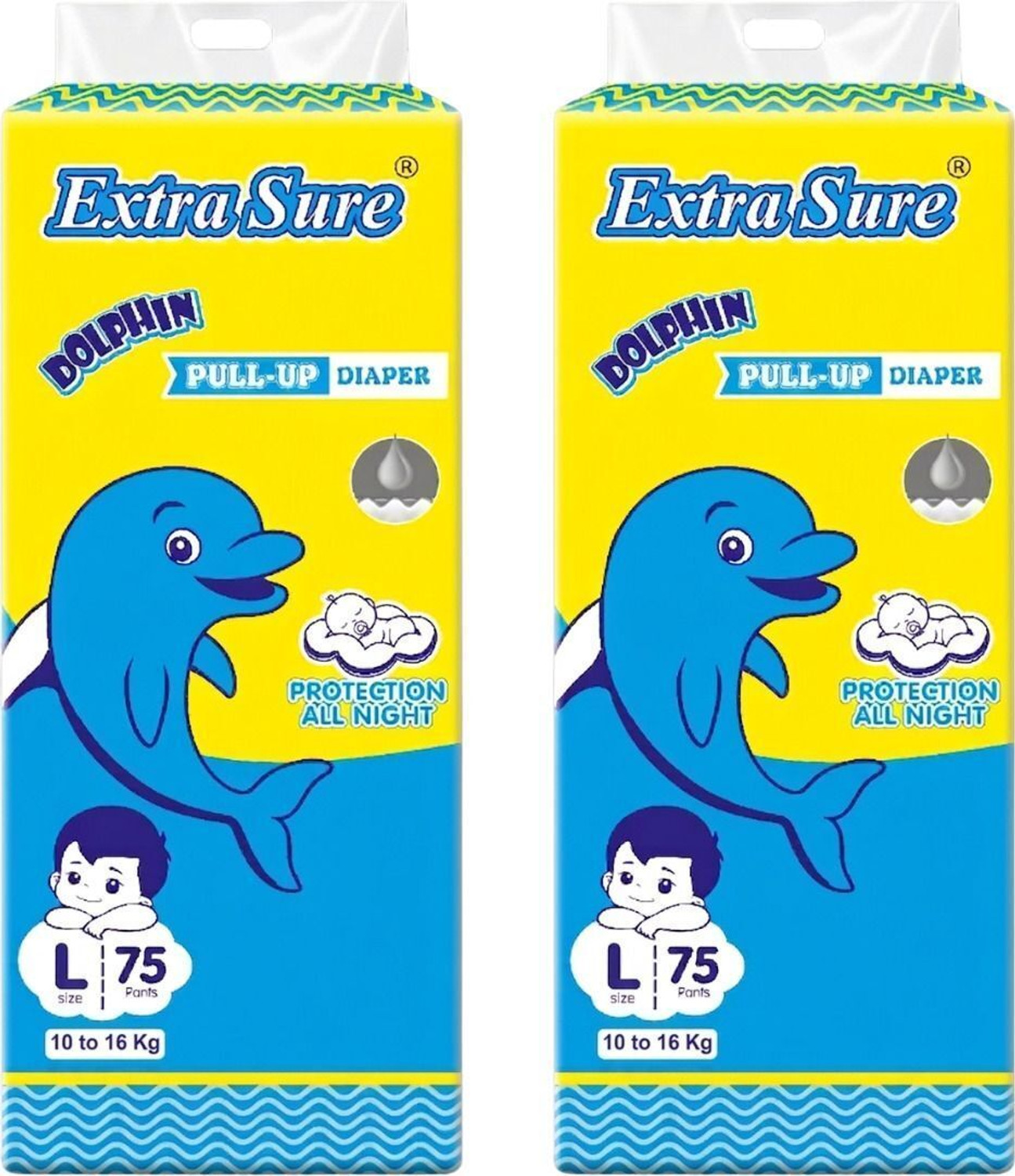 Image of EXTRASURE Dolphin Baby Pull-Up Diaper Pants L Size 75 Count 10-16 Kg All Night Protection Pant Diapers - L (2 Pieces)