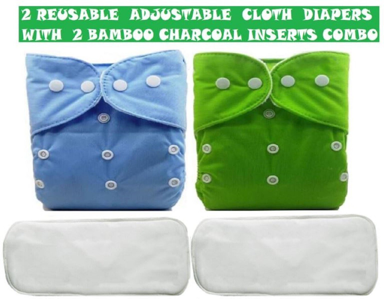 Image of TINNY TOTS Pack of 2 Pocket Button Style Baby Reusable Cloth Diaper Nappy Autumn Winter Special Quick-Dry Adjustable With 2 Bamboo Microfiber Inserts Pad(5 Layers) Washable Wet-Free For New Borns /Toddlers /Infants /New Borns(BG;0-24 Months;3-17KGS) Pant Diapers - L