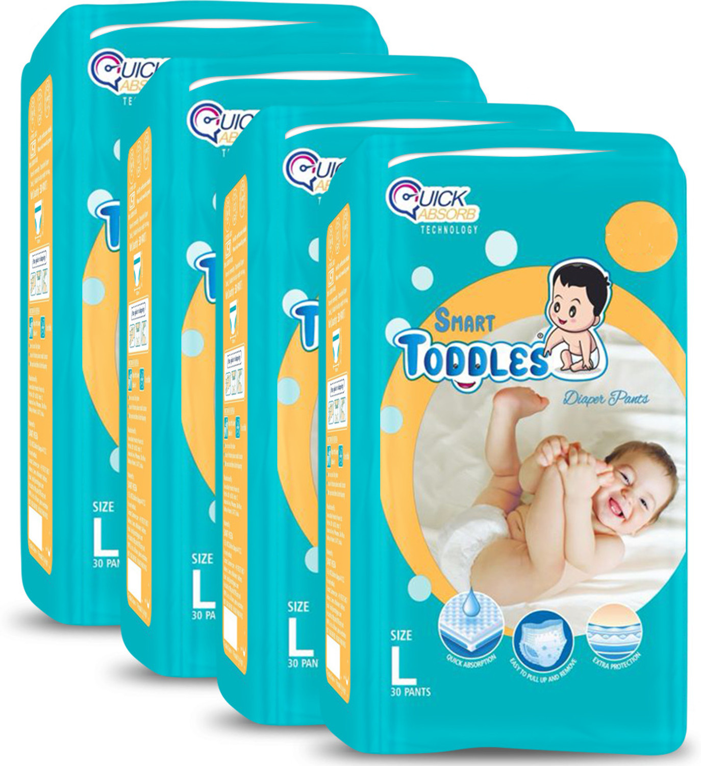Image of TODDLES Comfy Baby Diaper Pants 9-14 kg Combo of 4 with Quick Absorption Technology Pant Diapers - L
