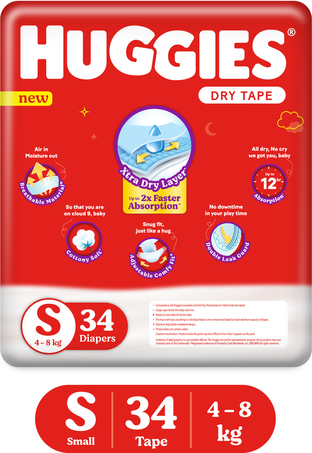 Image of Huggies Dry Tape | Adjustable Tape Style Diapers, Small (S) Size (4-8 Kgs), Pack of 34 Pant Diapers - S