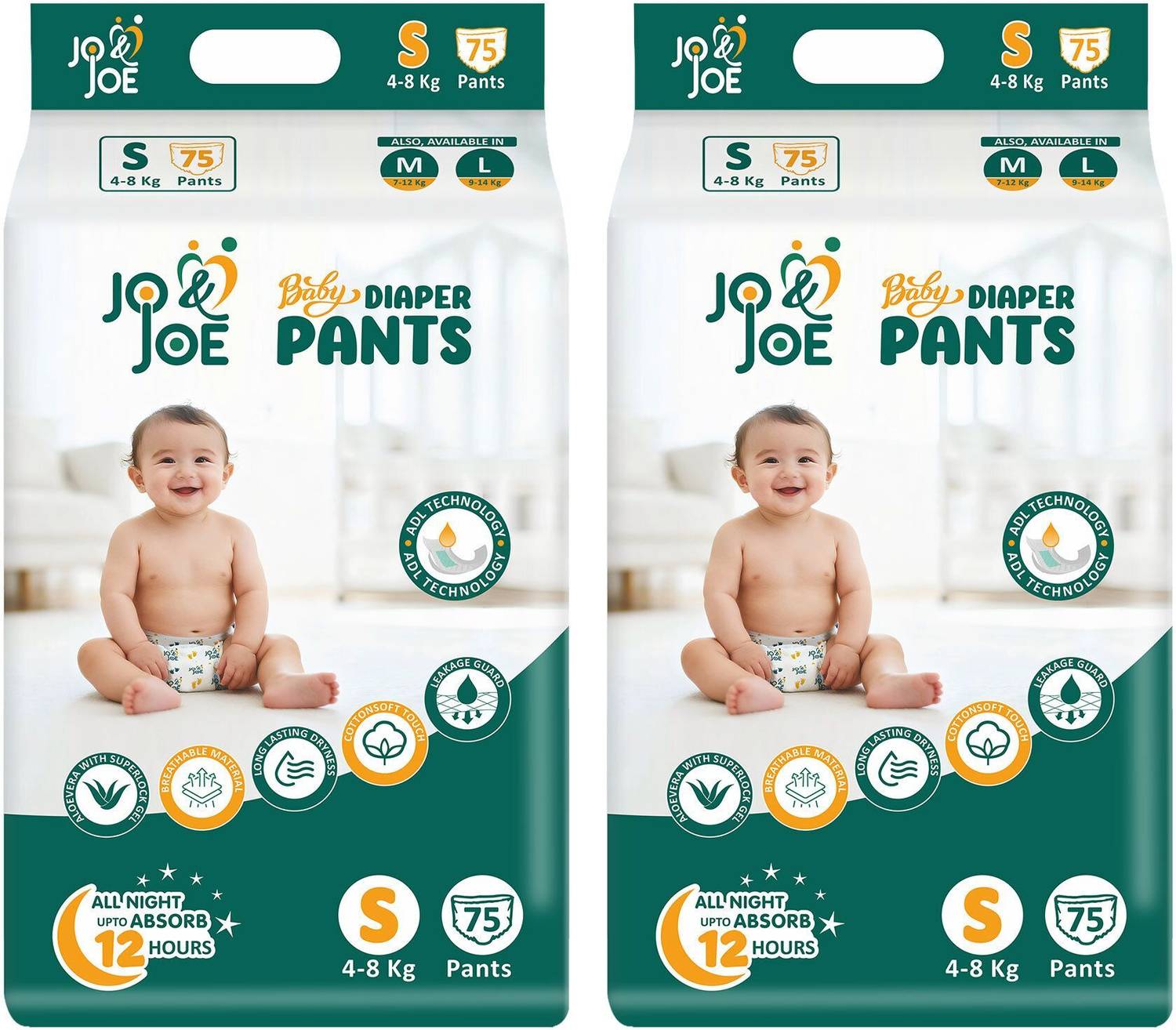 Jo & Joe Baby Diaper Pants, 12hrs Absorption, Small, Pack of 2 8 kg - Image 1