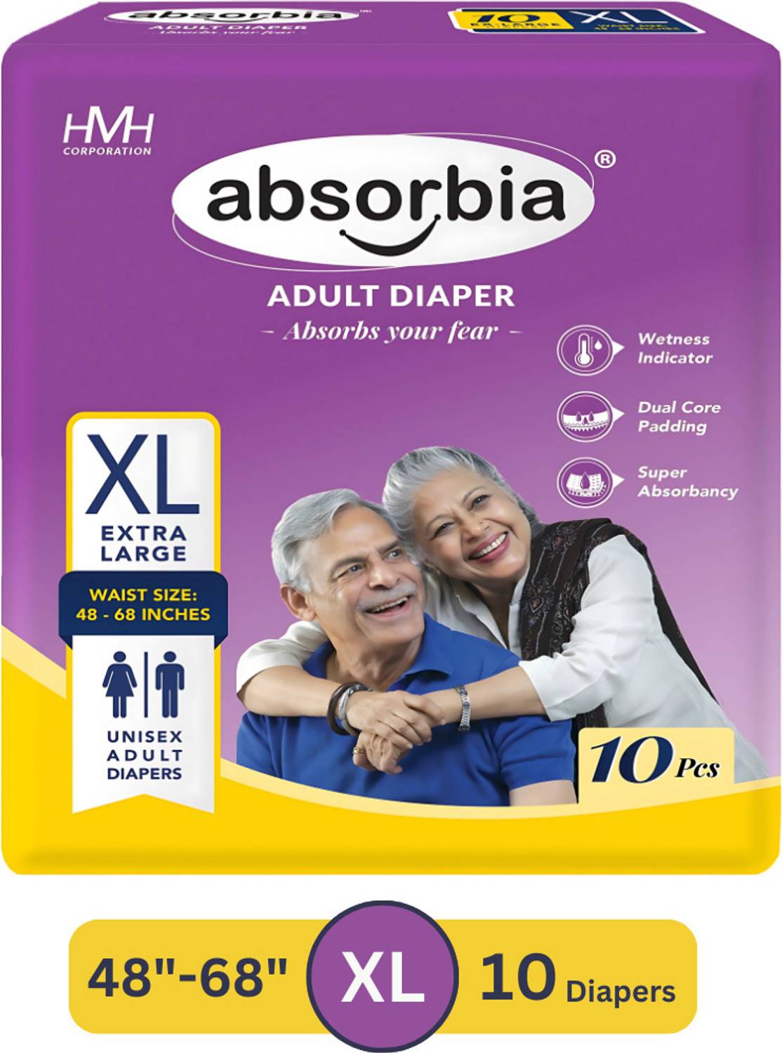 ABSORBIA Adult Tape Style Diaper | Extra Large | 123 - 173 cm (48" - 68") | Pack of 1 Tape Diapers - XL