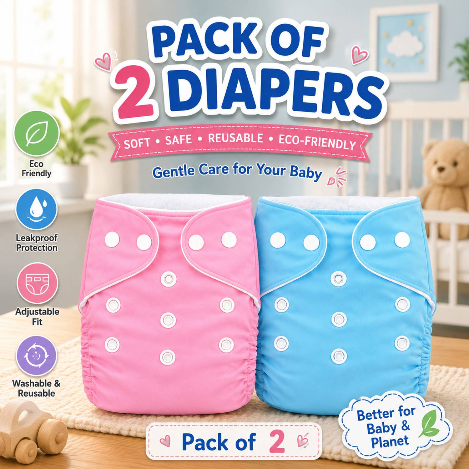 AAKAV Reusable Cloth Diapers, High Absorbent Leak-Proof (2 Diapers,2 Inserts) Pant Diapers - S - M