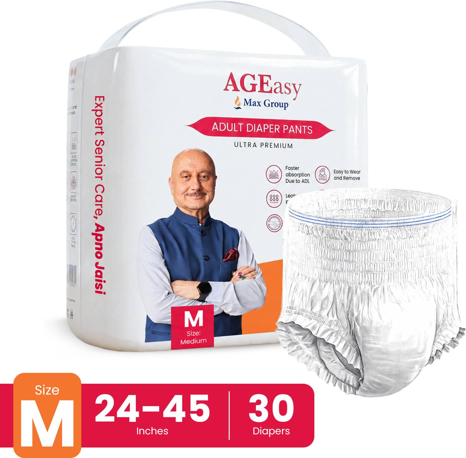 AGEasy (Max Group) Adult Diaper Pants,Unisex,Wetness Indicator,Odour Lock, M Pack of 30 Adult Diapers - M
