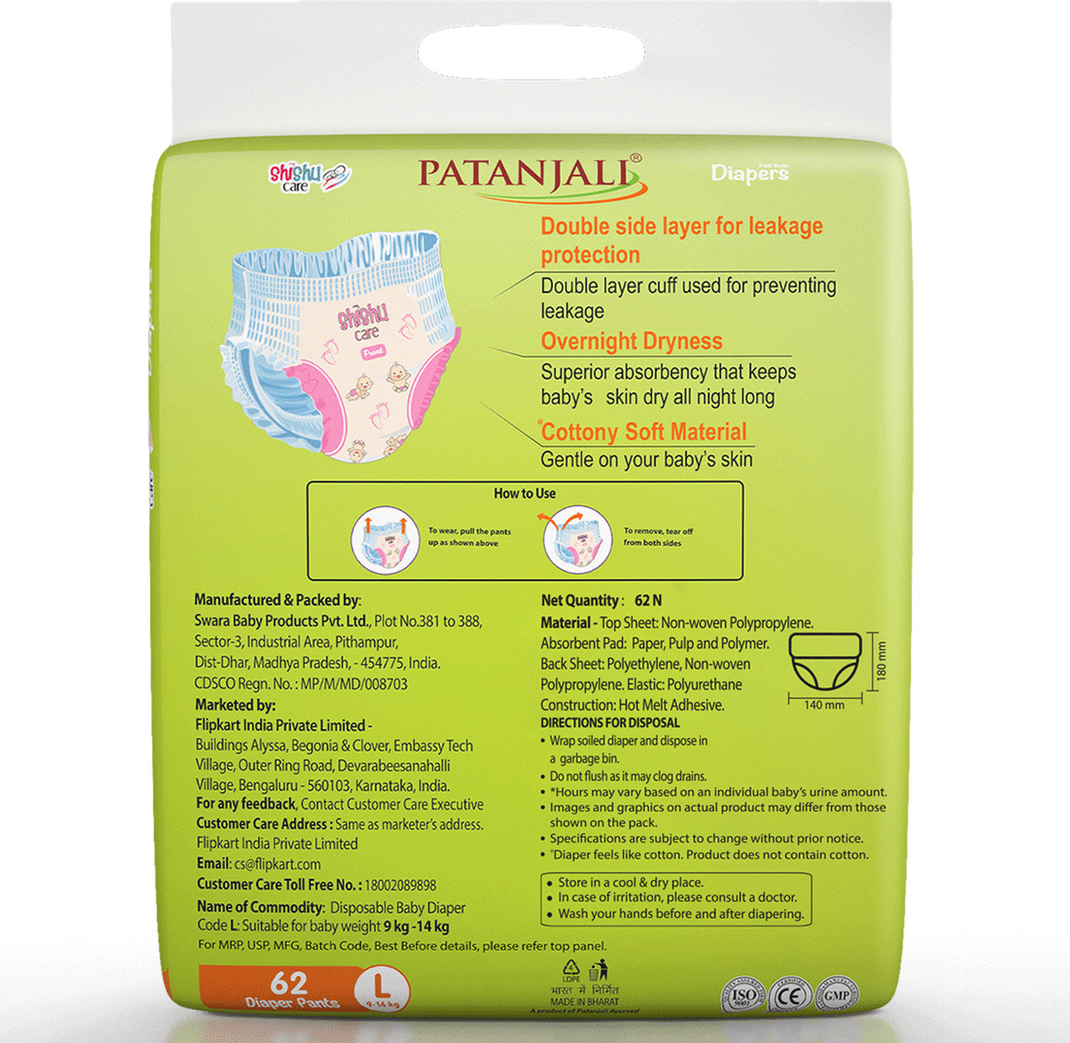 Image of PATANJALI Shishucare Baby Diapers - Large - 62 - L