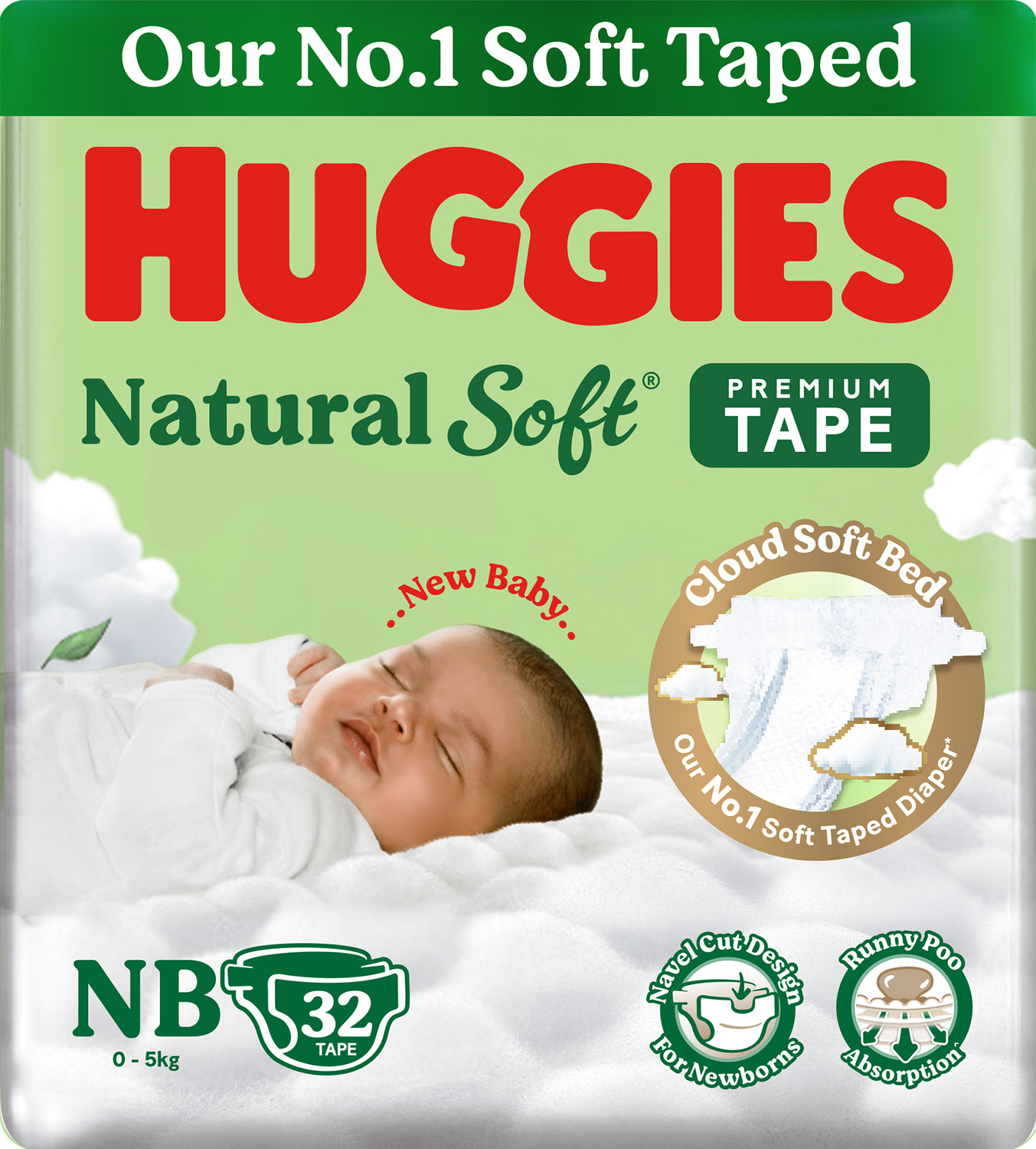 Image of Huggies Natural Soft Premium Tape Diapers Newborn- Upto 5 kgs, NB-32 pcs Tape Diapers - New Born