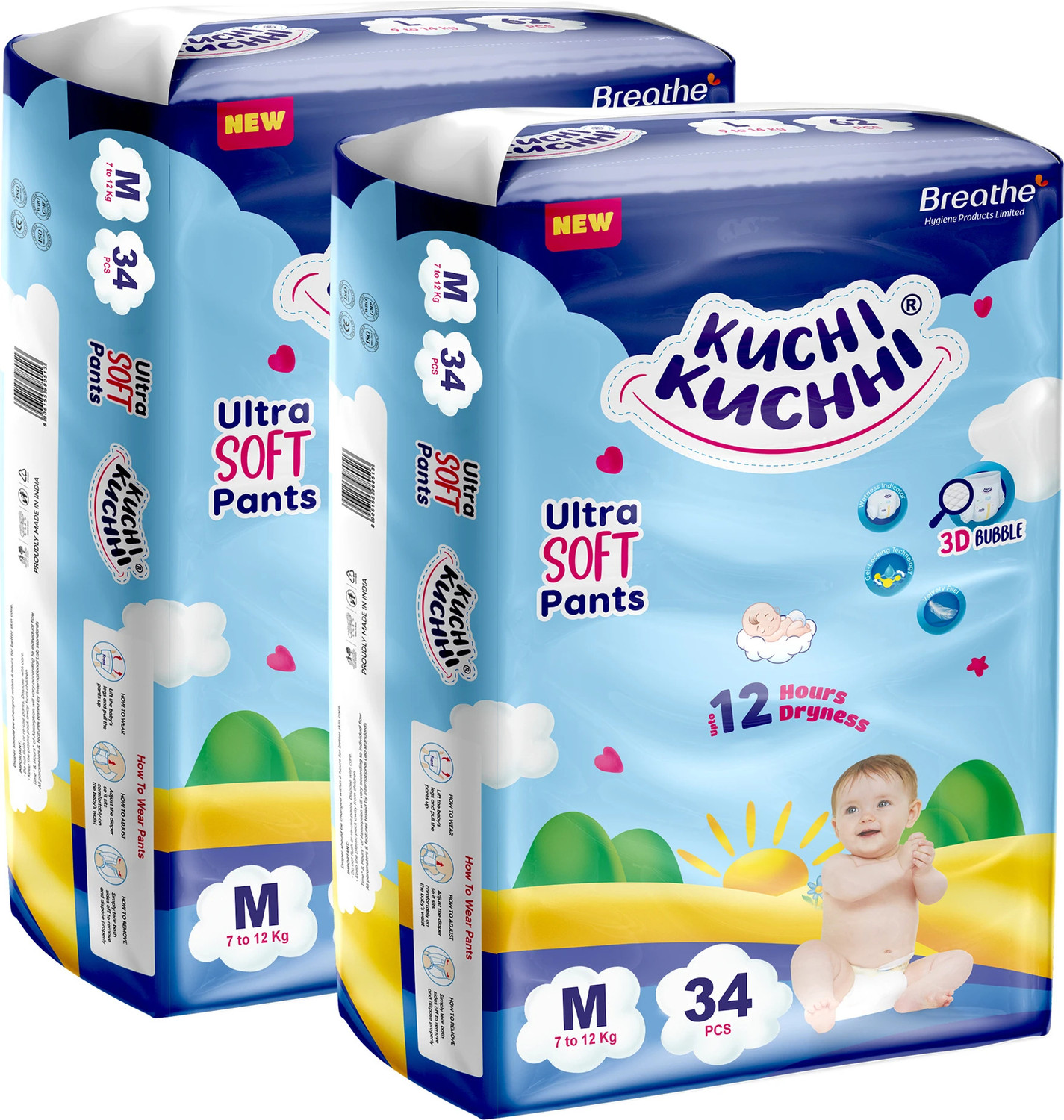 Image of KUCHI KUCHHI Premium super soft baby diaper with a 3D bubble top (Pack of 2) - M