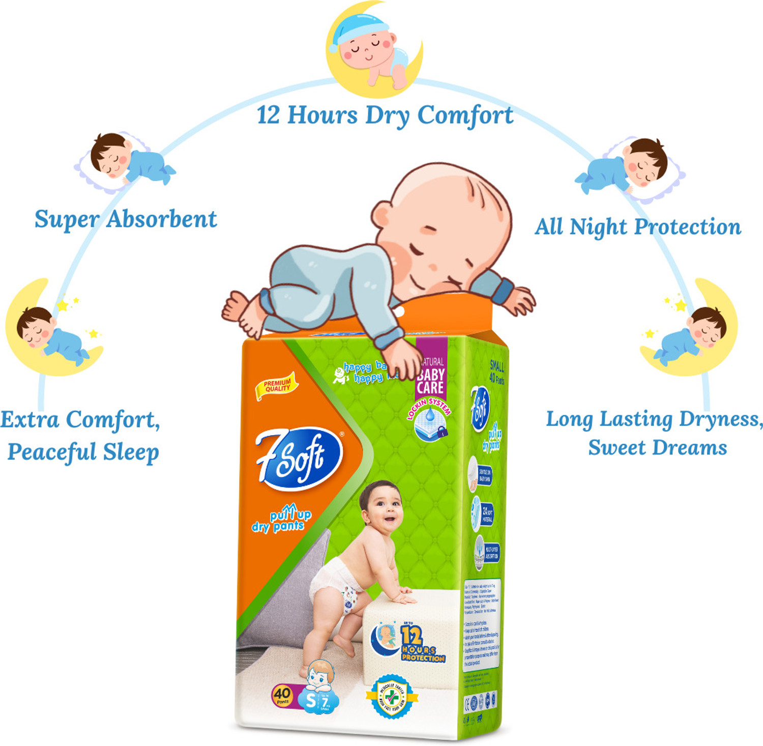 Image of 7 Soft Premium Baby Diaper Pants S Size 80 Pants (3-8 kg) Soft & Extra Absorbent Pant Diapers - S