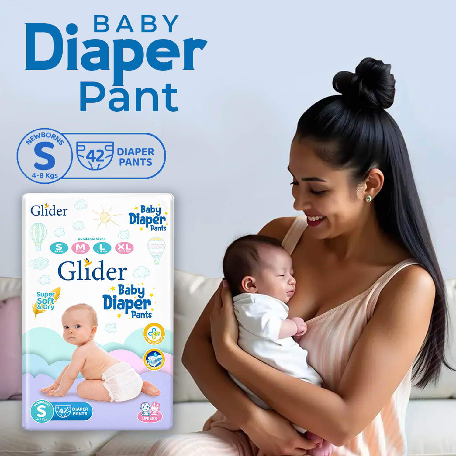 Image of GLIDER Baby Diaper Pants | Super Absorbent | Leak Proof | Anti Rash | Pant Diapers - S