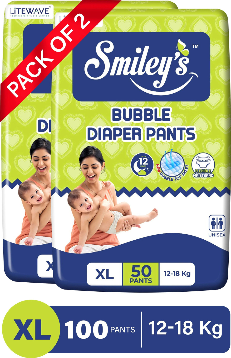 LITEWAVE Smiley's XL Size Bubble Baby Diaper Pants| Elastic Waistband| 12-18 kg Pant Diapers - XL