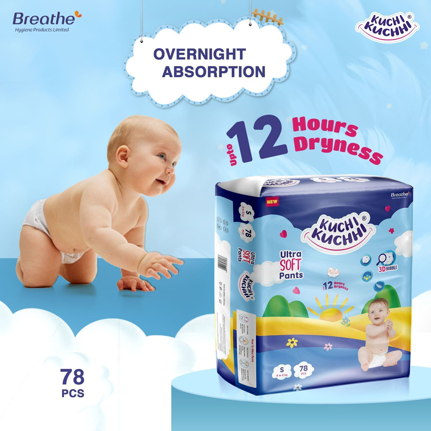 Image of KUCHI KUCHHI Premium Ultra soft baby diaper with a 3D bubble top Pant Diapers - S