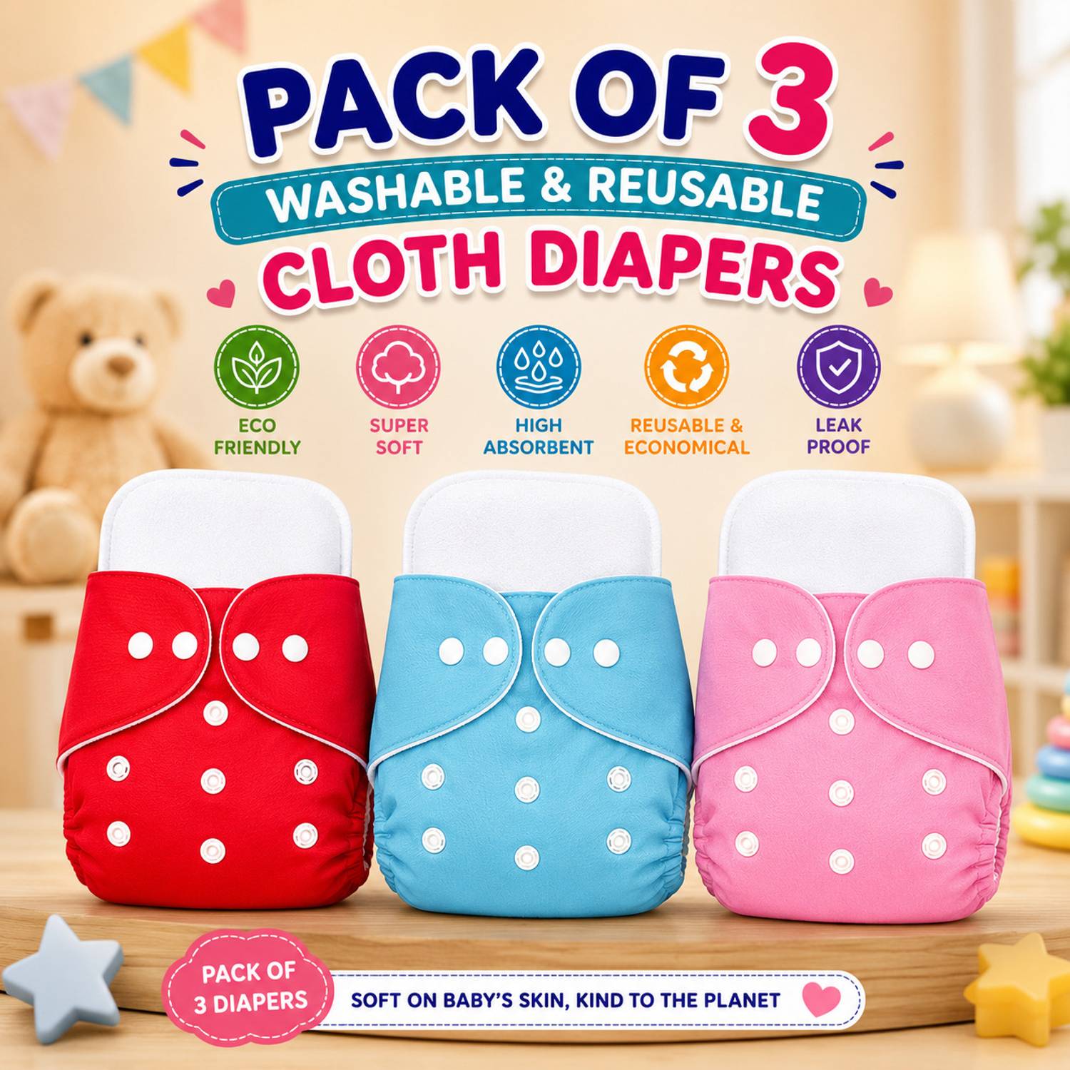 AAKAV Leak-Proof Adjustable 4 Cloth Diapers With 4 Inserts Adult Diapers - S - M