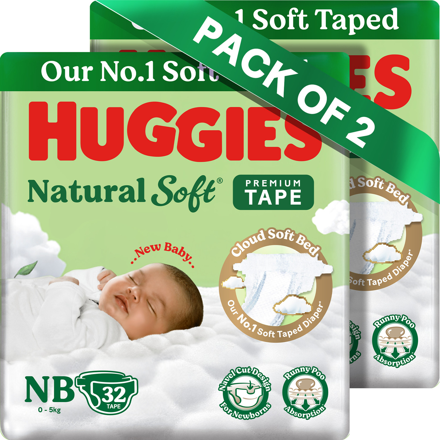 Image of Huggies Natural Soft Premium Tape Diapers Newborn- Upto 5 kgs, NB (32X2) ,64 pcs Tape Diapers - New Born