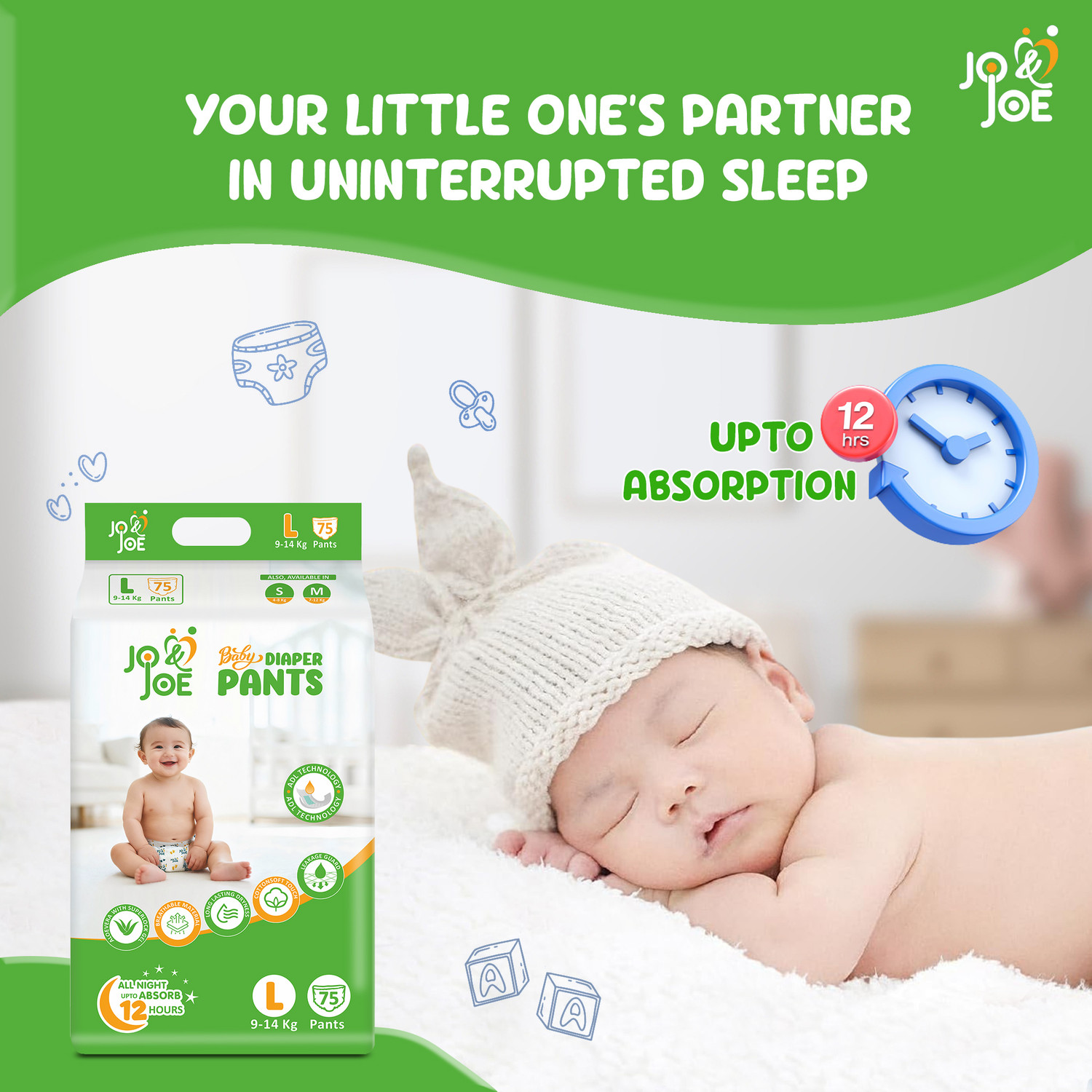 Image of Jo & Joe Baby Diaper Pants, 12hrs Absorption, ADL Technology, Large (9-14kg), Pack of 1 Pant Diapers - L