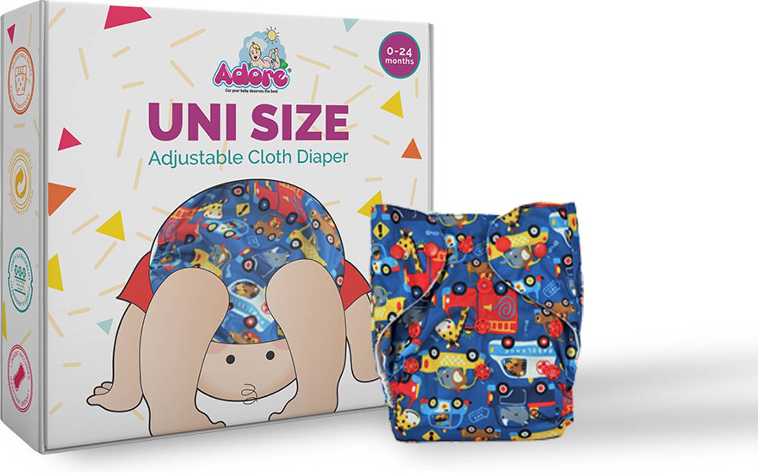 Adore Premium Unisize Adjustable Cloth Diaper - Set of 1 Diaper + 1 Charcoal Insert Pant Diapers - S - M