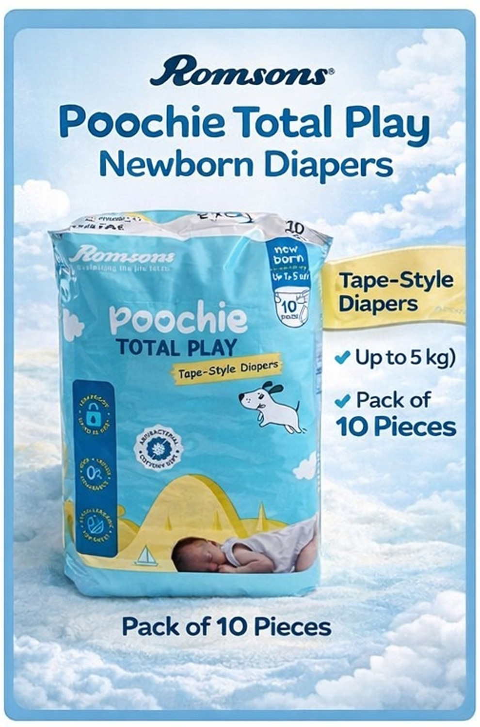 Image of Romsons Newborn Baby Diaper Tape Style Soft Dry Comfort Leakproof 10 Pcs Tape Diapers - New Born