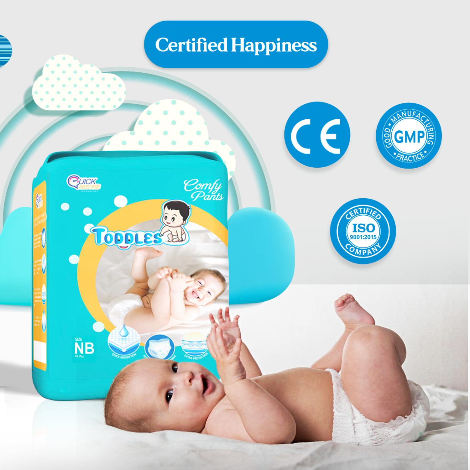 Image of TODDLES Comfy Baby Diaper Pants Upto 5 kg Combo of 2 with Quick Absorption Technology Pant Diapers - New Born