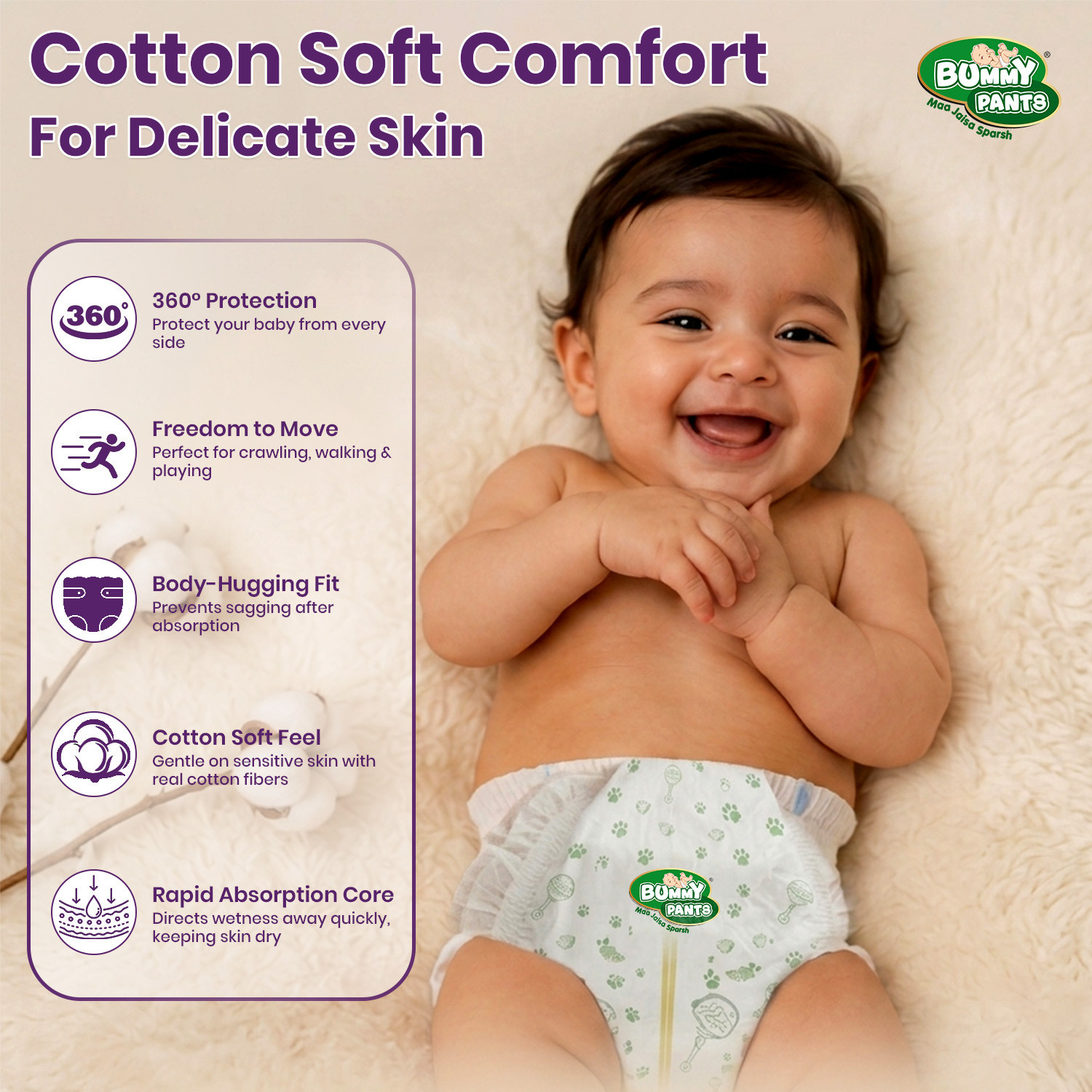 Image of BUMMY PANTS Baby Diaper Pants with Anti-Rash Protection & Up-to 12 Hr Leakage Protection Pant Diapers - L