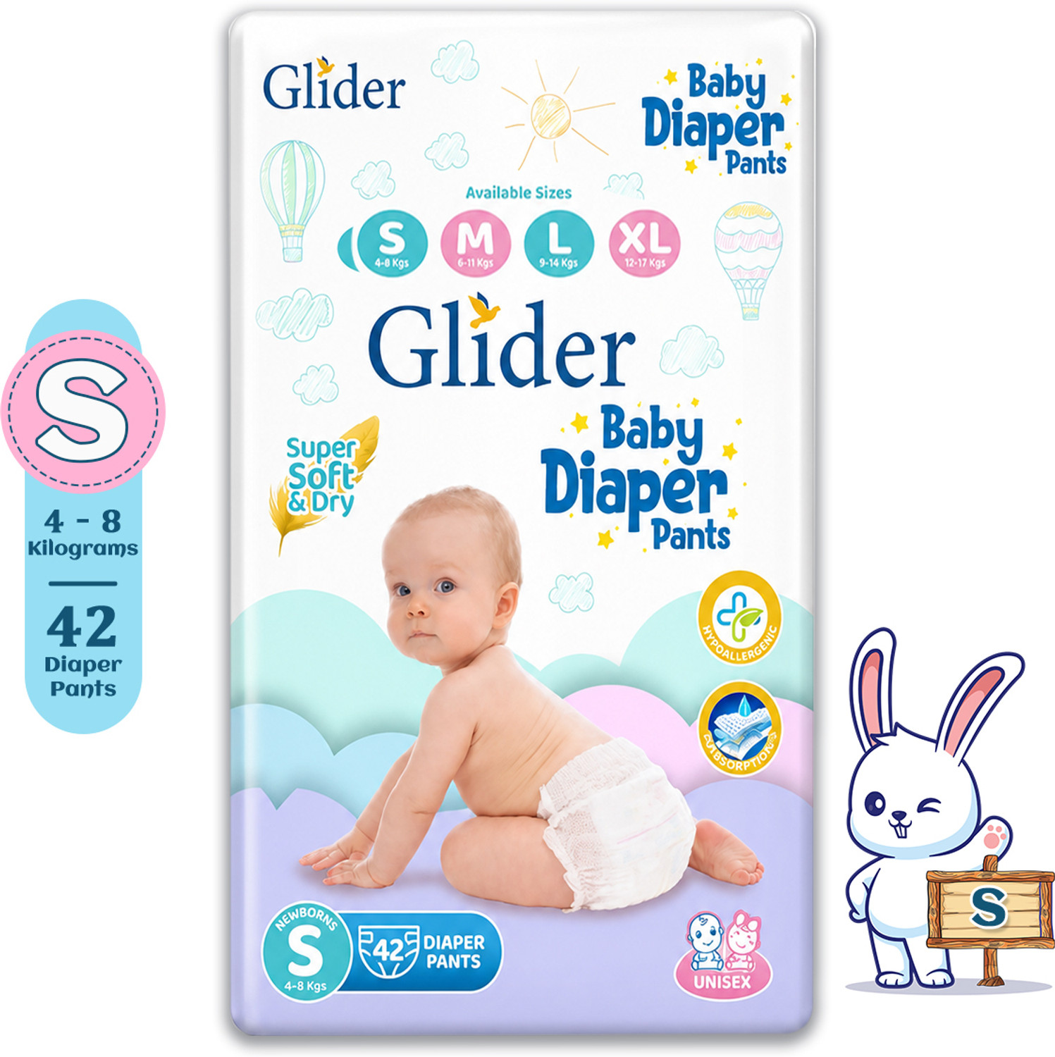 Image of GLIDER Baby Diaper Pants | Super Absorbent | Leak Proof | Anti Rash | Pant Diapers - S