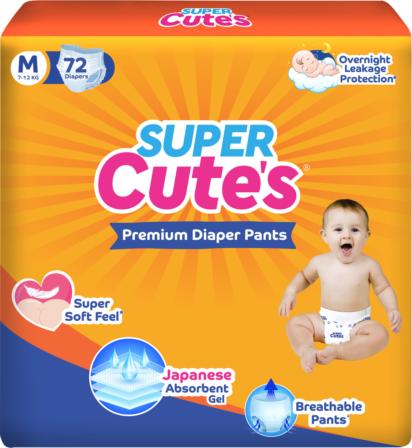 Image of Super Cute's Premium Baby Diapers, Soft and Rash Free, Overnight Leakage Protection - M