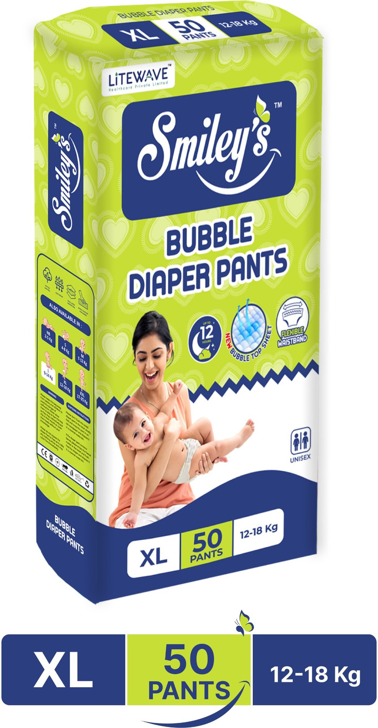 Image of LITEWAVE Smiley's Extra Large Bubble Baby Diaper Pants with Flexible Waist Band|12- 18 kg Pant Diapers - XL