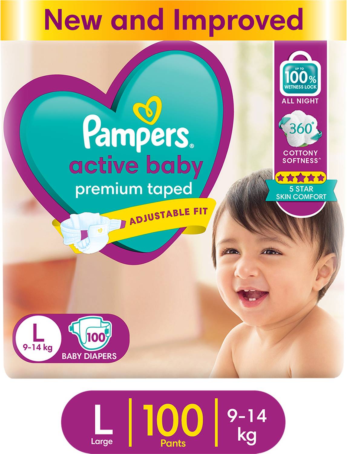 Pampers Active baby Tape Style Baby Diapers, Large (L), 100 Count