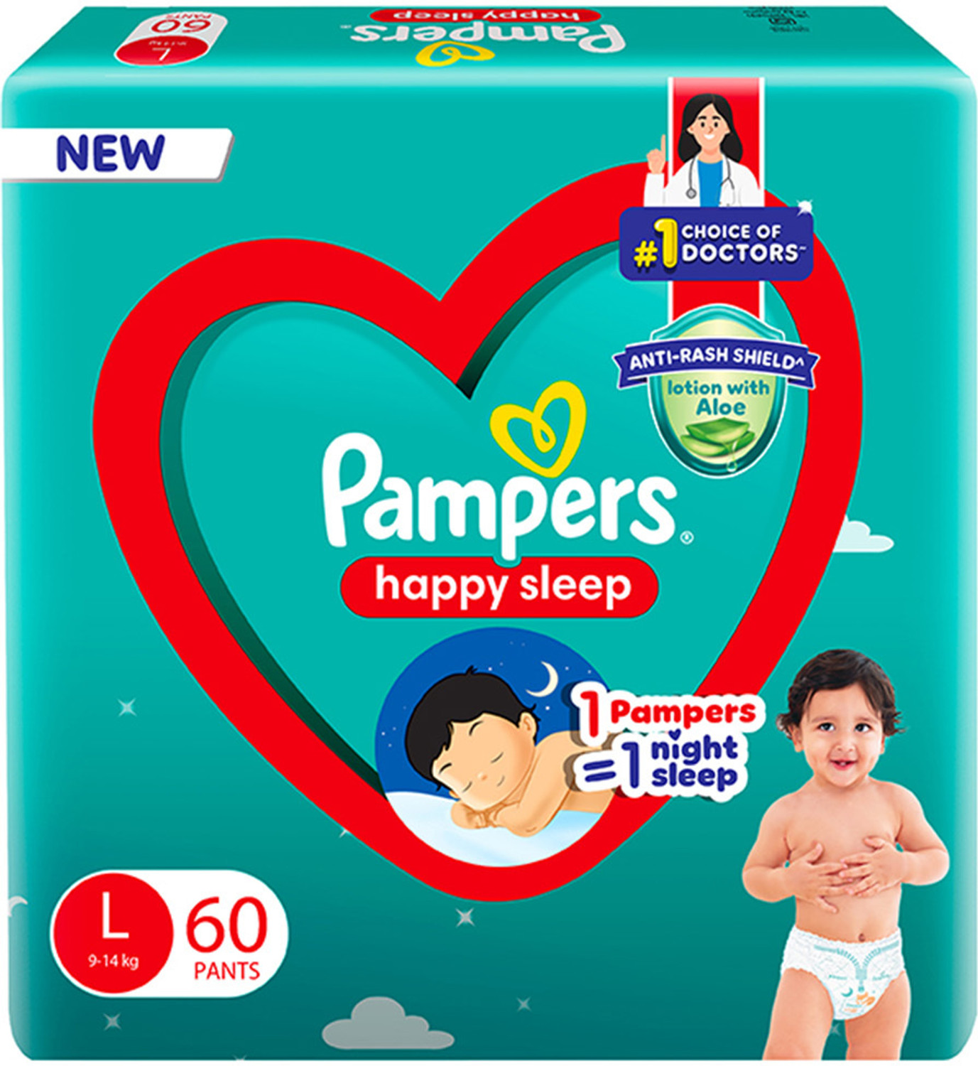 Image of Pampers Happy Sleep Pant Style Baby Diapers, Large (L), 60 Count Pant Diapers - L