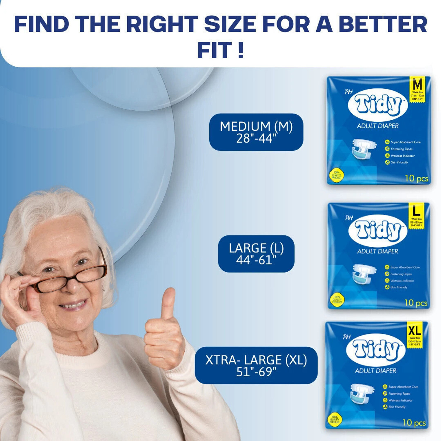 Image of PH TIDY Tape Style Super Absorbent | Unisex | Waist Size (44-61 Inches) Adult Diapers - L
