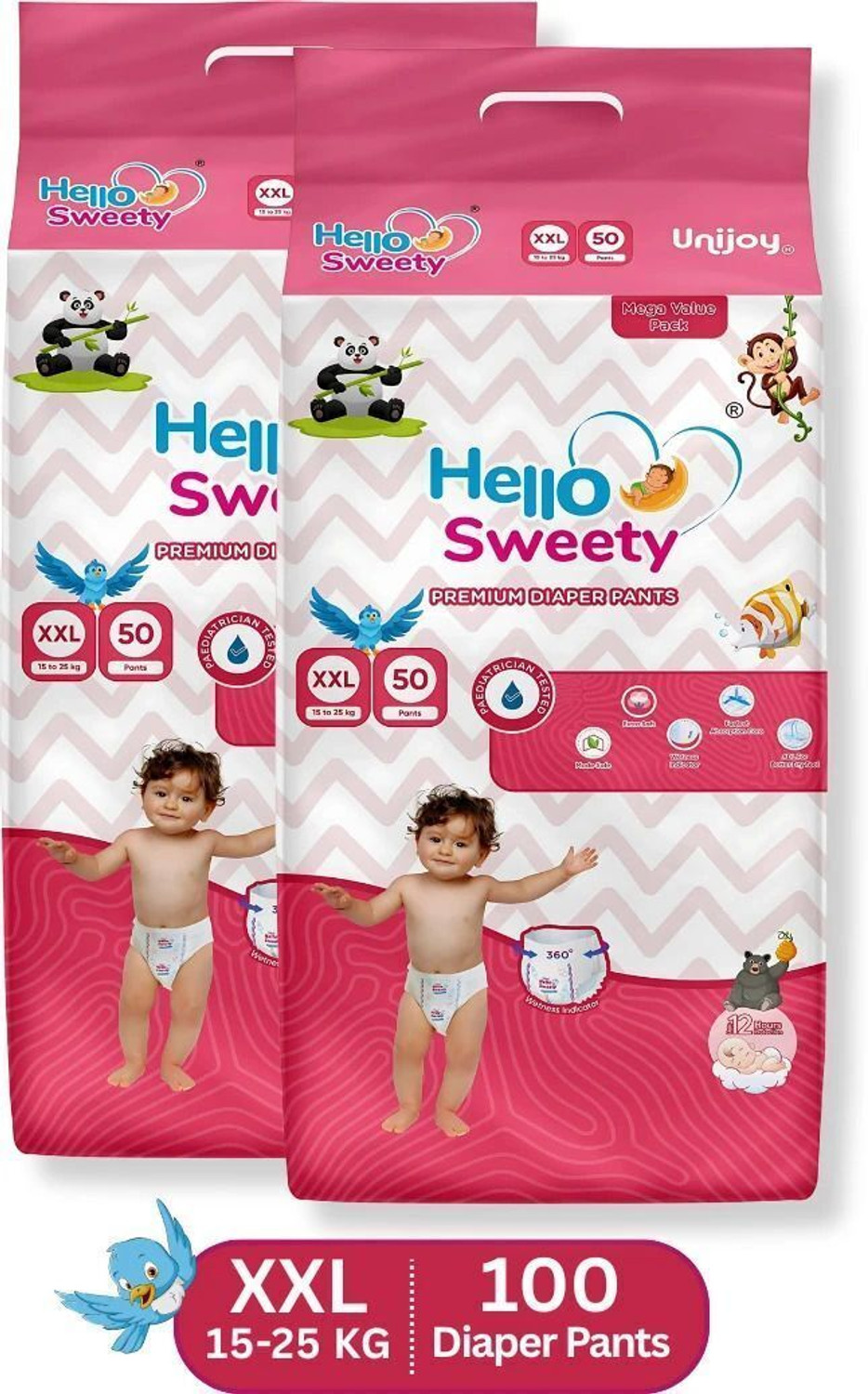 Image of unijoy Hello Sweety Baby Diaper Pants-Fast Absorption & Cottony Soft Feel | Pack of 2 Pant Diapers - XXL