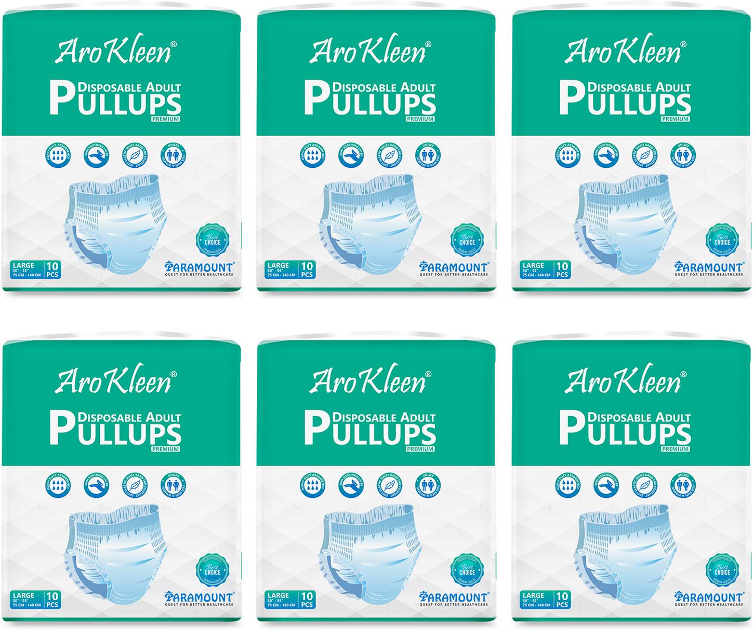 Arokleen Premium Adult Pull-Up Diaper Pants Unisex Waist Size 75-140 CM Pack of 6 Adult Diapers - L