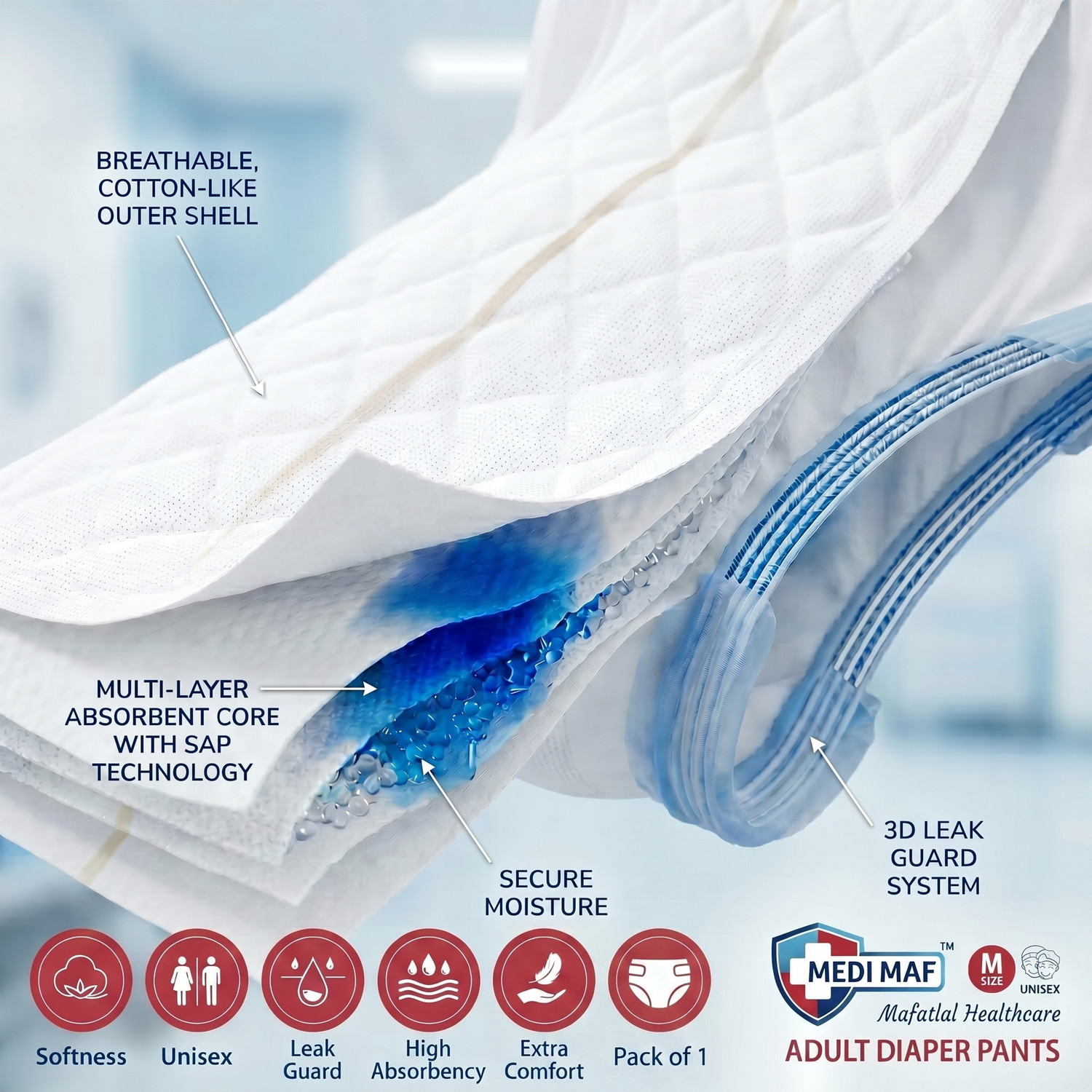 Image of MEDIMAF by MAFATLAL Adult Diapers Pants - 10 Count (Medium) Adult Diapers - M