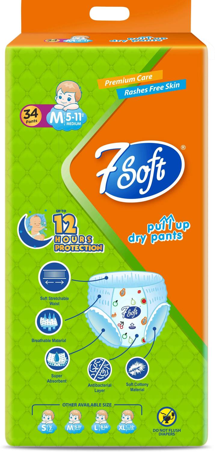 7 Soft Premium Baby Diaper Pants M Size 34 Pants (5-11 kg) Soft & Extra Absorbent Pant Diapers - M