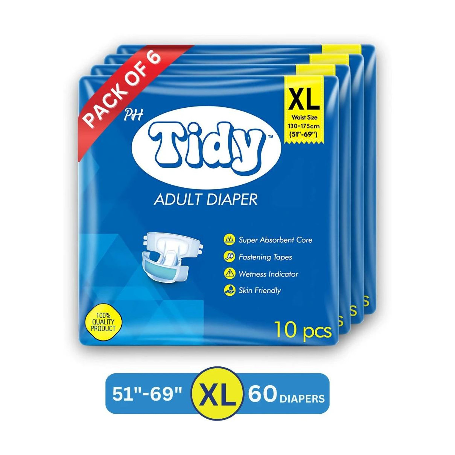 Image of PH TIDY Tape Style Super Absorbent | Unisex | Waist Size (51-69 Inches) Adult Diapers - XL