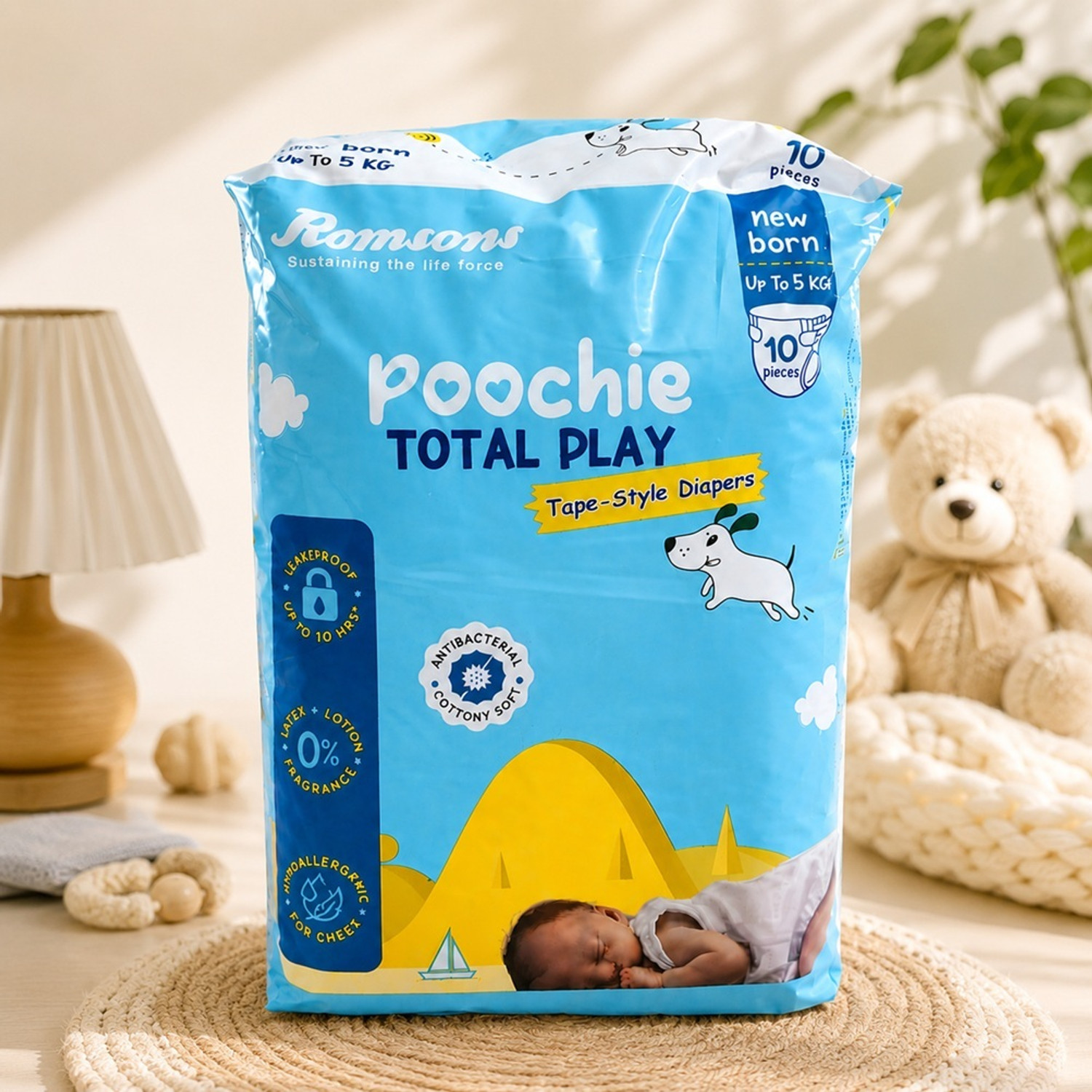 Image of Romsons Newborn Baby Diapers Tape Style Dry Care Soft Comfort Leakproof 10 Pcs Tape Diapers - New Born