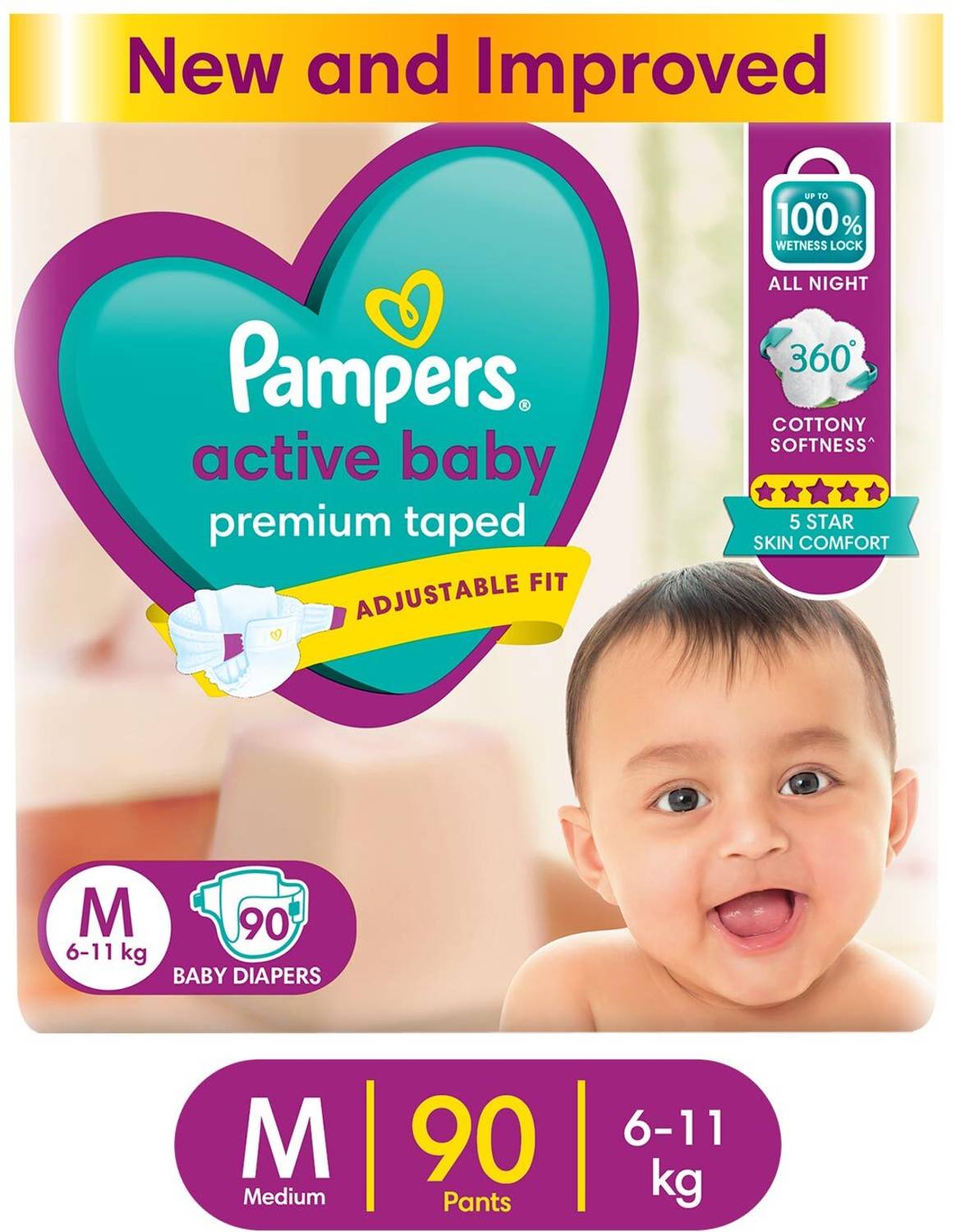 Pampers Active Baby Taped Diapers with Adjustable Fit - M (90 Pie