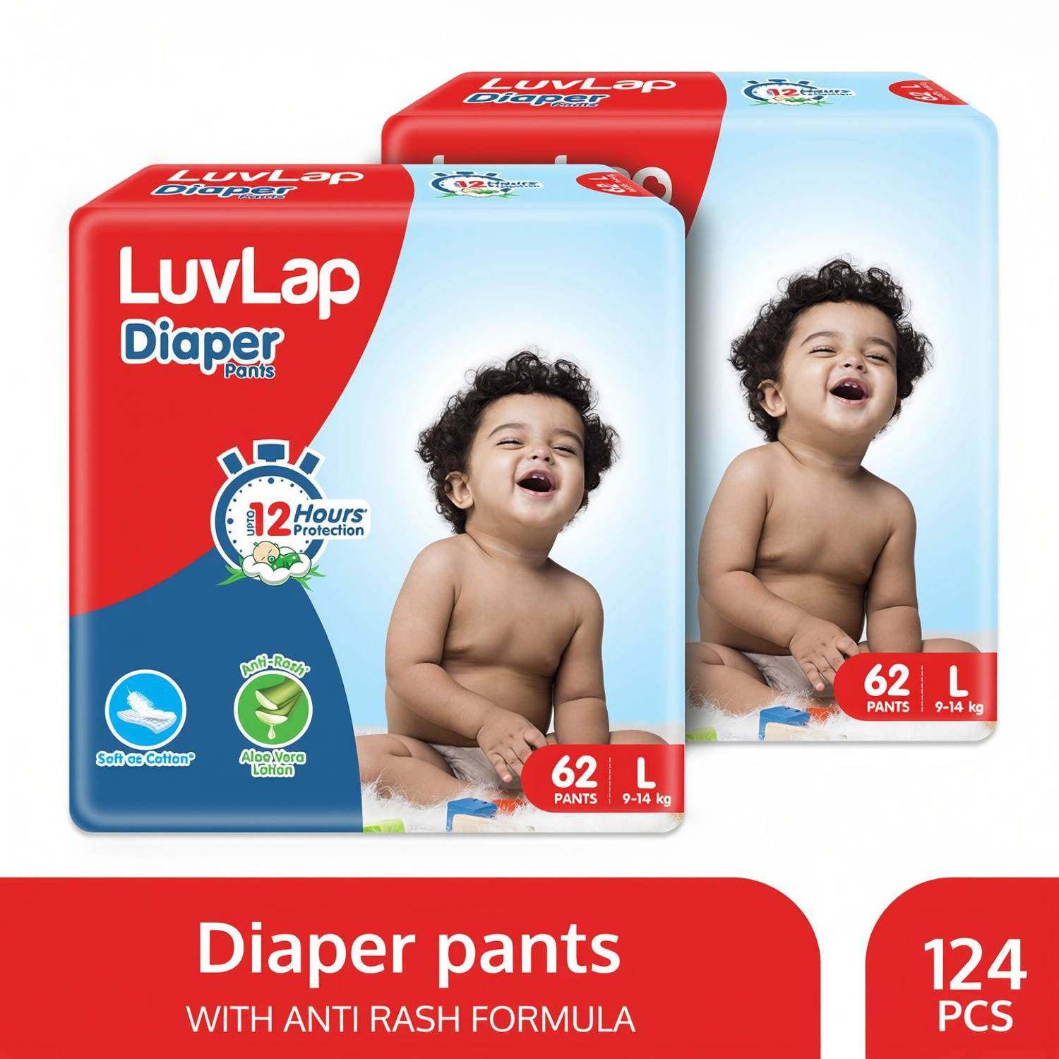 LuvLap Diaper Pants Large 9 to 14Kg, Super Jumbo Pack (62 Count x 2 = 124 Count) Pant Diapers - L