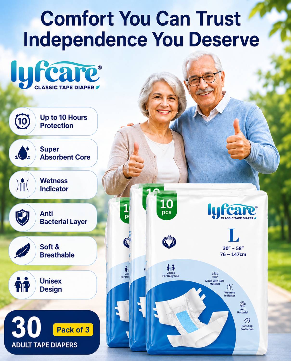 lyfcare Classic Tape Style Adult Diapers - Pack of 3 - Image 2